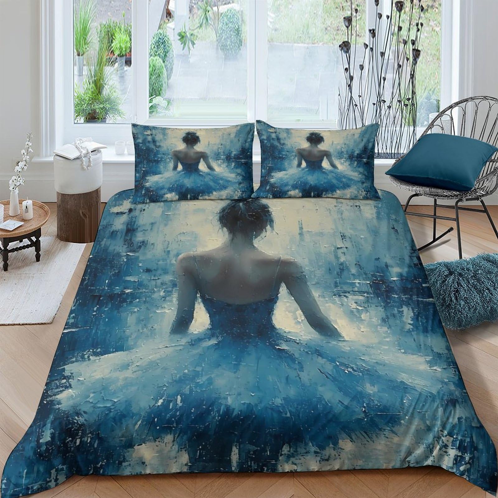 GPLZQXKJNH 3D Printed Blue Ballerina Duvet Cover Microfiber Soft Breathable Artistic Bedroom Decor Tutu Quilt Cover Set with 2 Pillowcases Single（135x200cm）