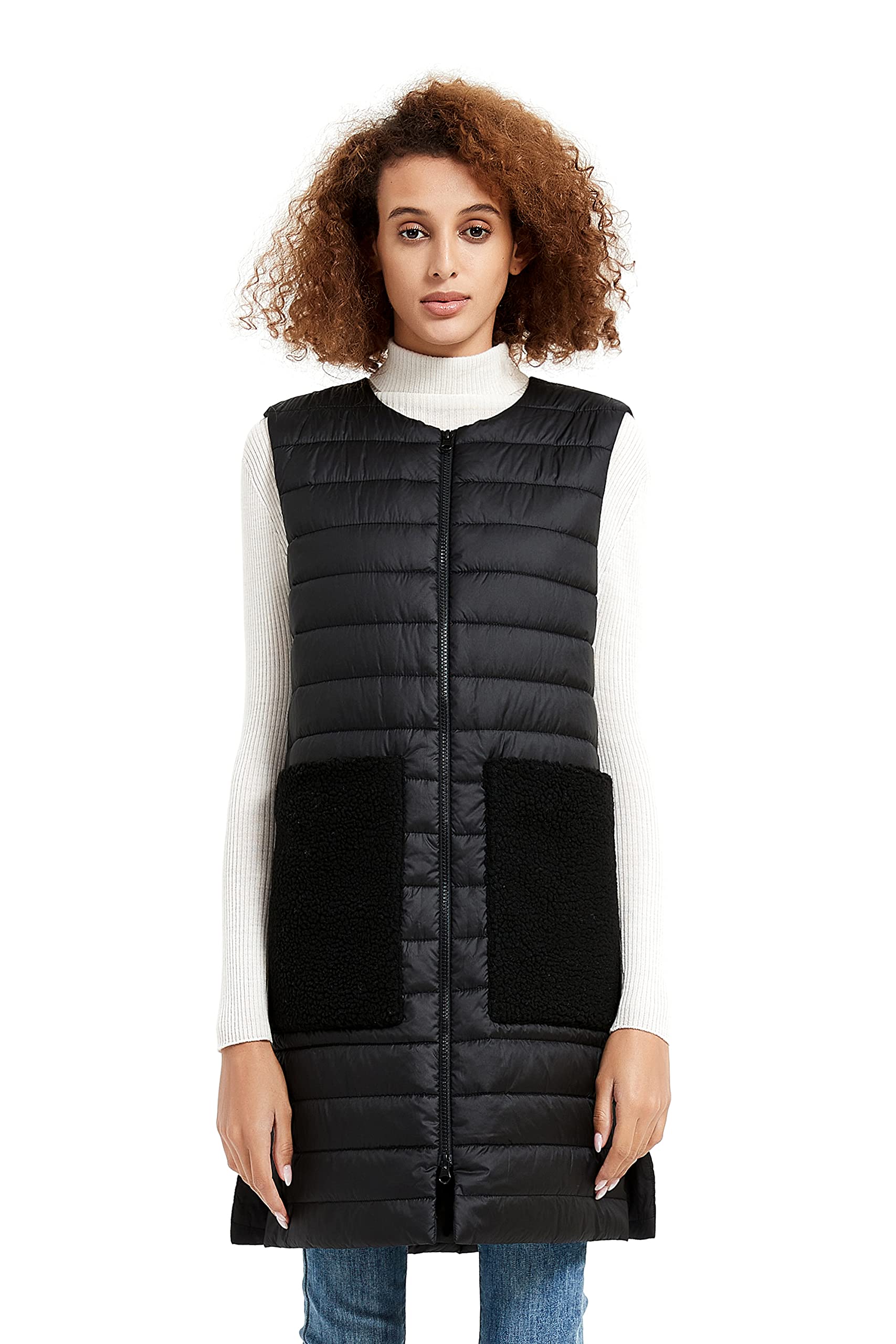 PACIBEWomen's Long Puffer Vest Lightweight Packable Plush Pocket Round Neck Winter Warm Outwear