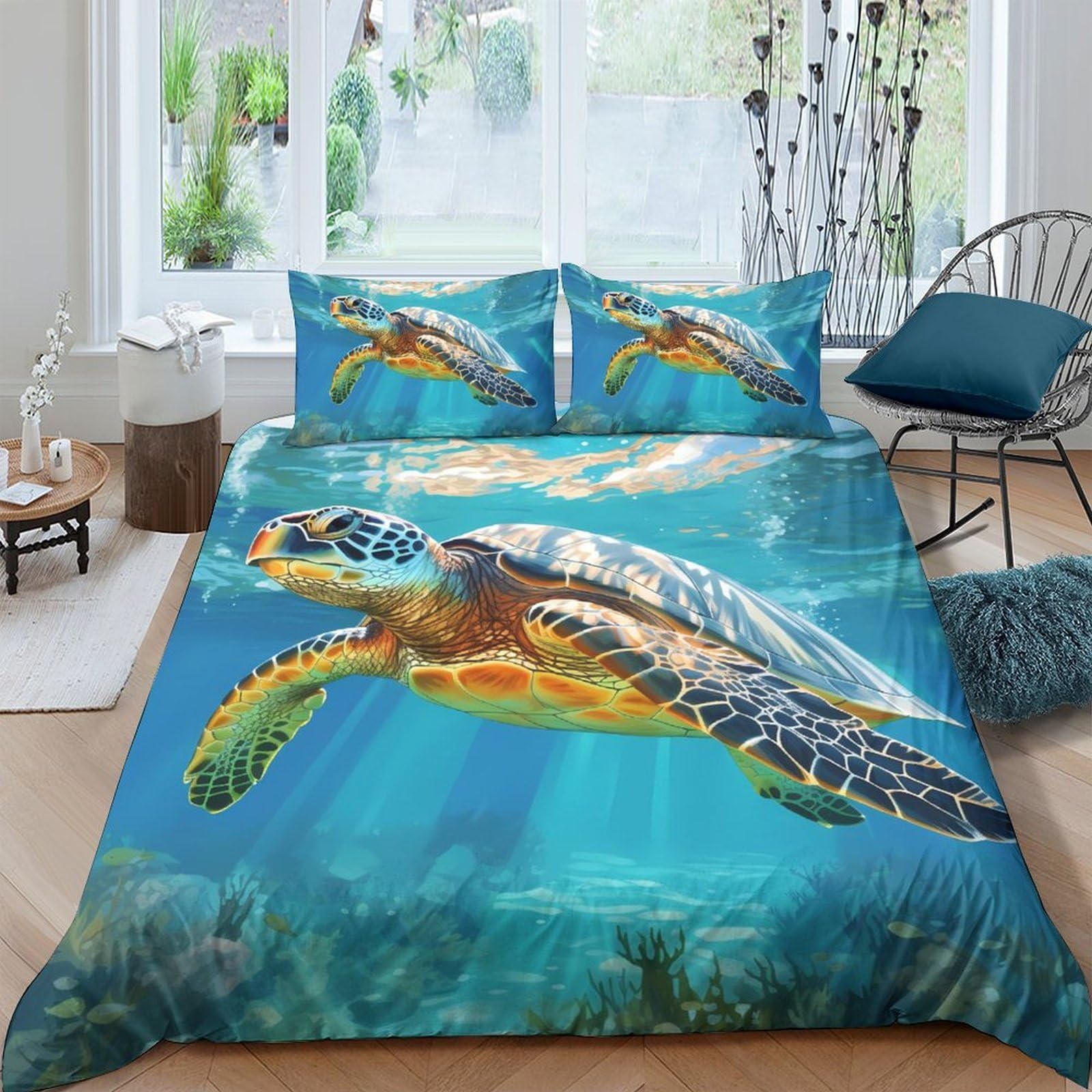 Ctjqhvkz Style-1 3D Printed Sea Turtle Fitted Sheet Microfiber Soft Underwater Ocean Mattress Cover For Bedroom Dorm Decor Single（135X200cm）