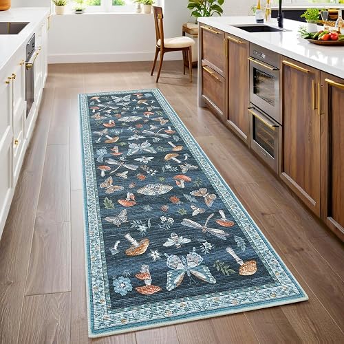 ROYHOME Mushroom Insect Blue Runner Rug