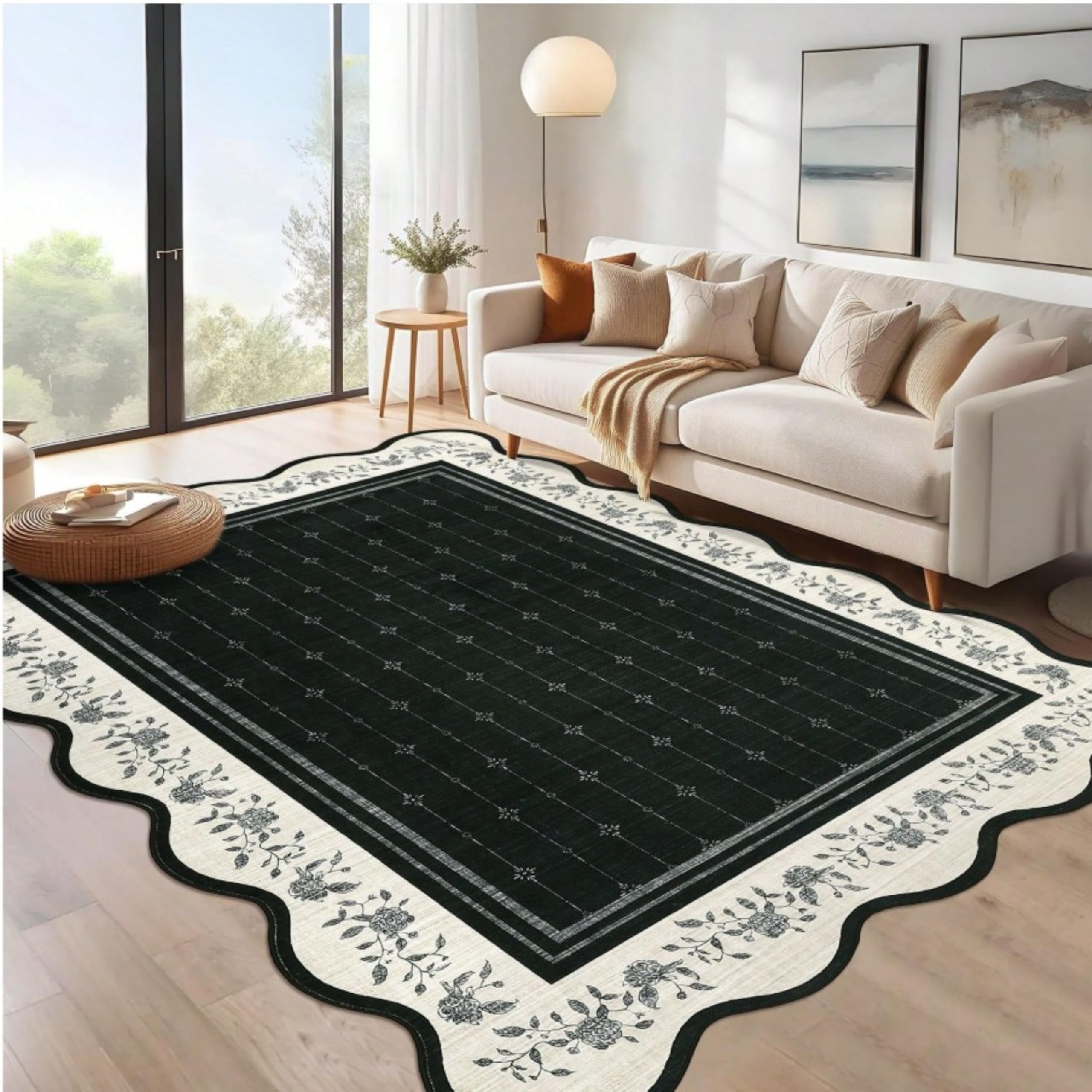 SOJAWA Black Floral Checkered Rug, 60x90cm,Washable Rug Vintage Soft Boho Non-Slip for Bedroom Dining Room Farmhouse Nursery Home Office,Home Decor
