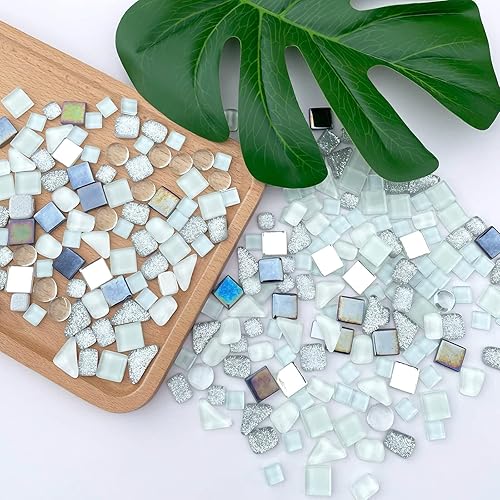 Miniatura 2 de LITMIND Azulejos de mosaico de cristal irregulares de color blanco plateado, paquete de valor de 9 onzas, perfecto para manualidades de arte,