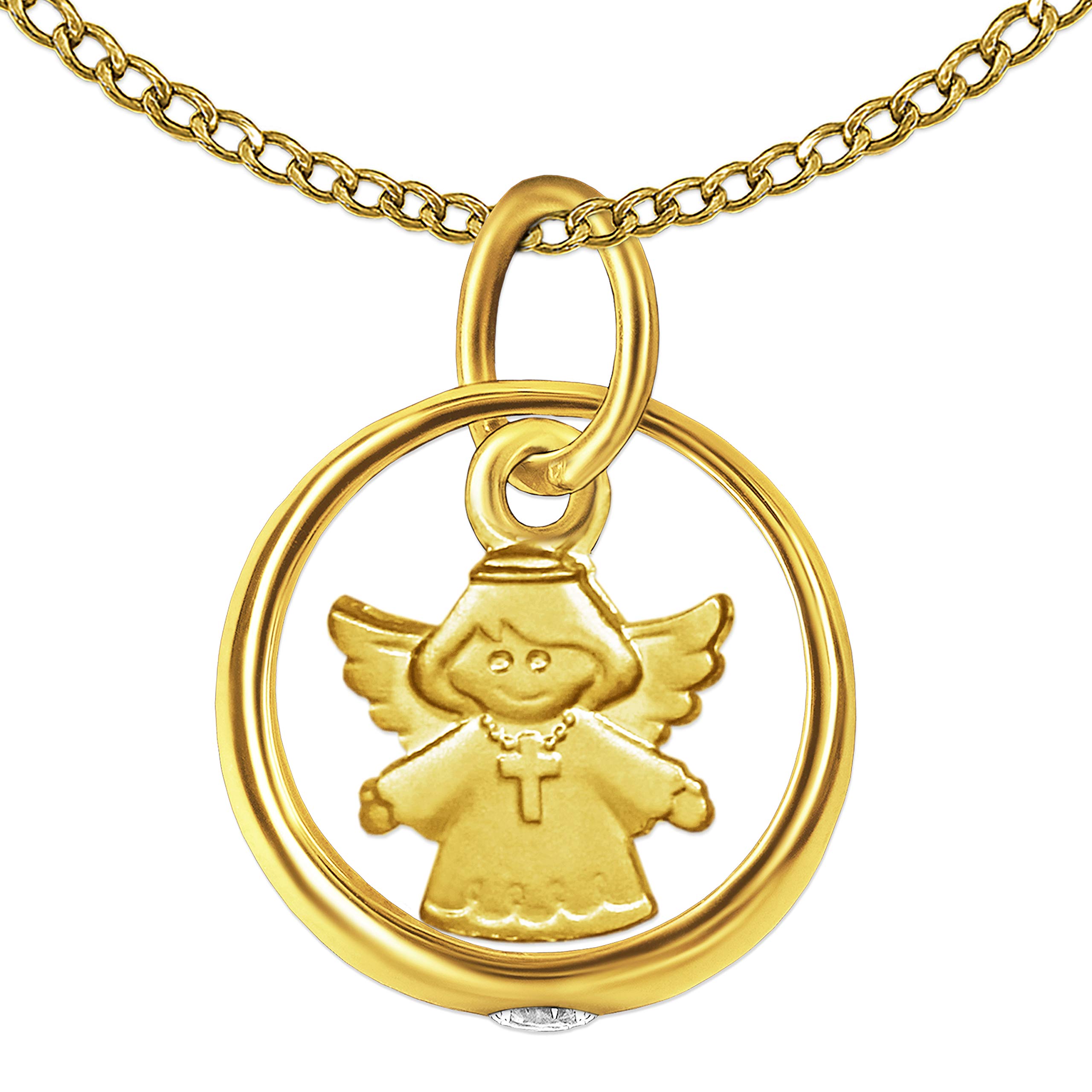 CLEVER SCHMUCK zestaw złotych małych pierścionków na chrzest, błyszczących cyrkonii, biały z zawieszką w kształcie anioła dzieci 7 mm, łańcuszek z krzyżykiem, jedwabisty mat, łańcuszek o splocie pancerka, 34 cm, oba elementy 33, 8 karatów
