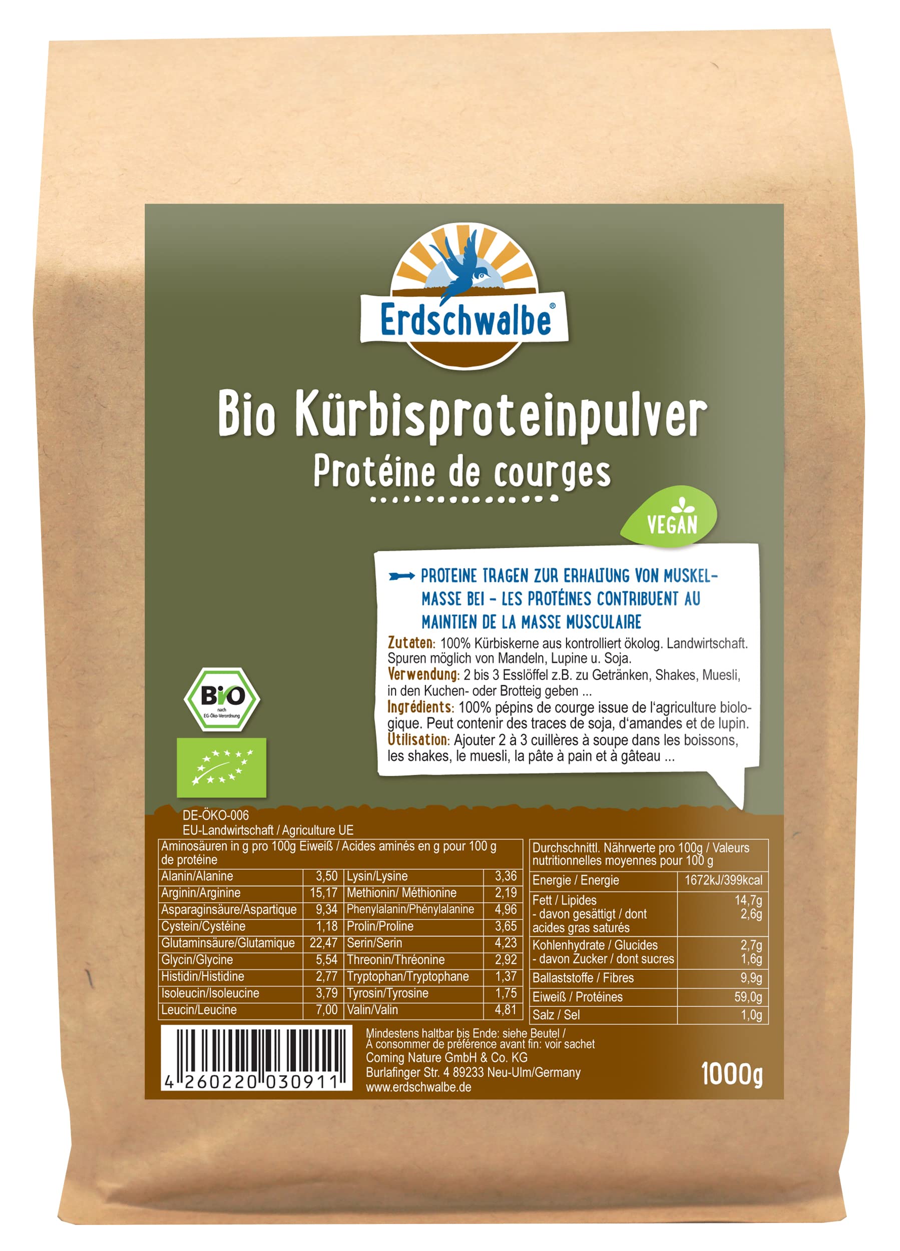 Erdschwalbe Bio Kürbiskern Protein - 58% Proteingehalt - Veganes Eiweißpulver - 1 Kg