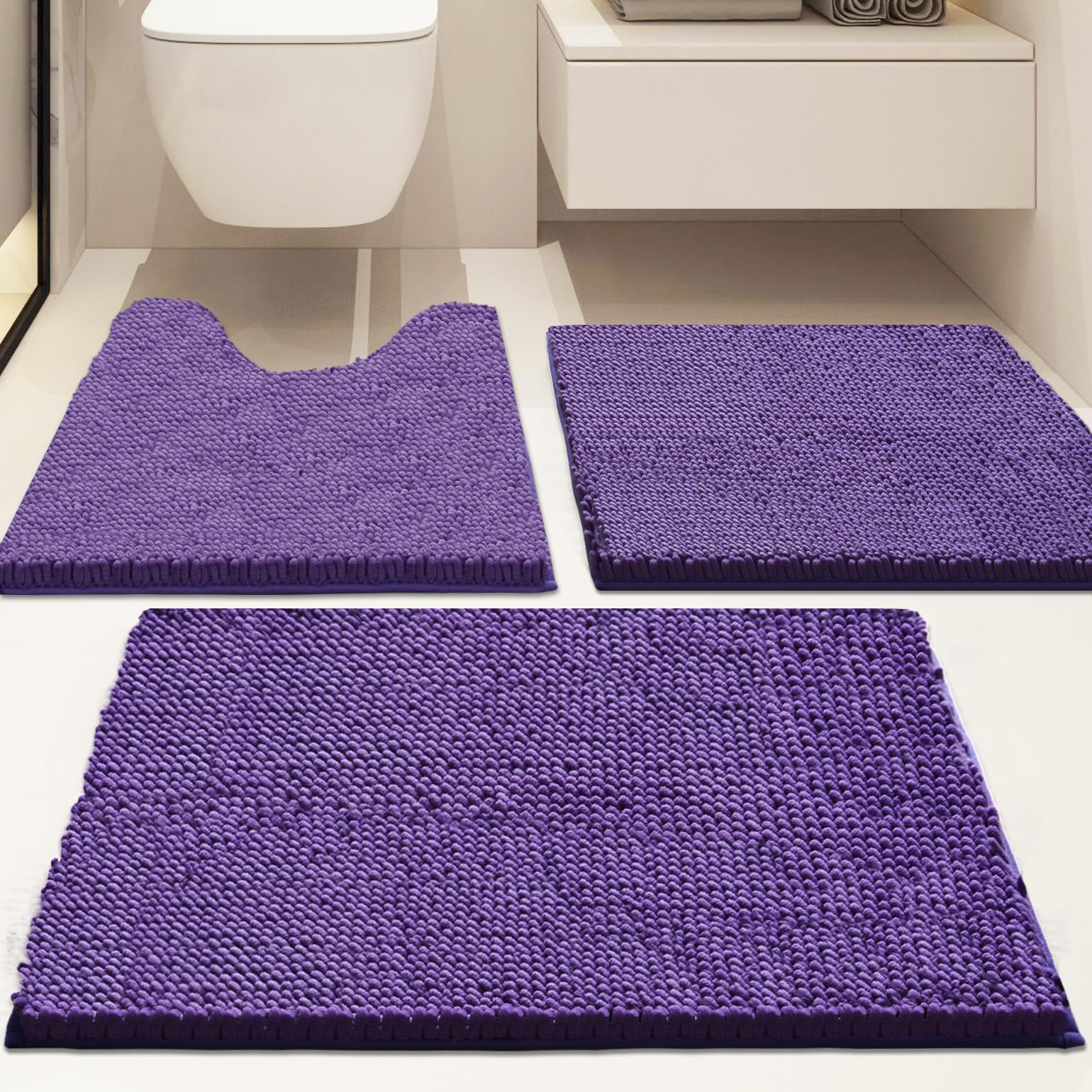 Lot de 3 tapis de salle de bain en chenille, très épais et absorbants, antidérapants, lavables en machine, séchage rapide, doux et confortable, utilisés sous la douche, baignoire et évier,