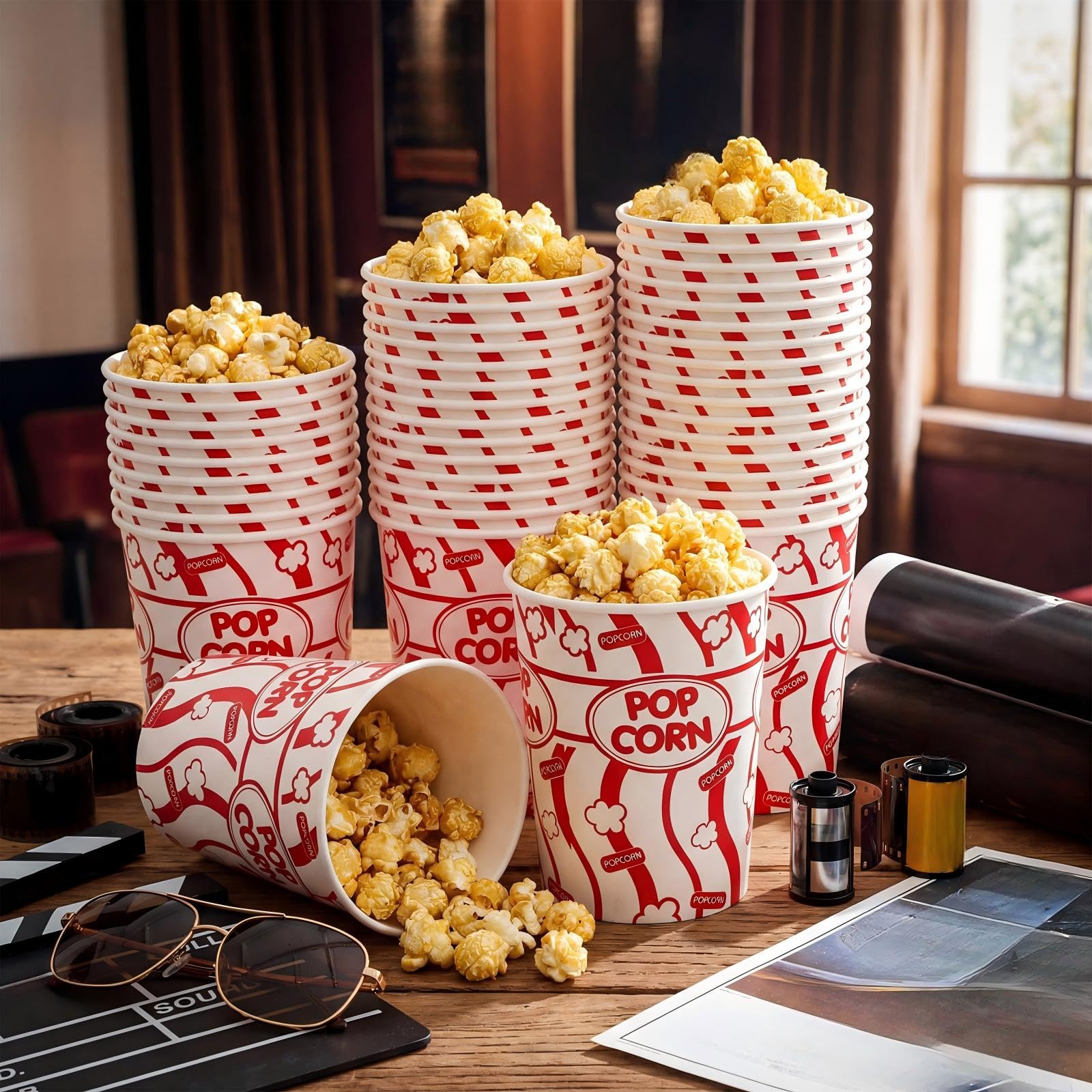 LemonRoad 100 Stück Popcorn-Eimer, 907.2 g fettdichte Kraft-Popcornbecher, Einweg-Kartoffelchips-Behälter, Behälter für Filmabend, Theater, Zuhause, Party, Karneval, Camping