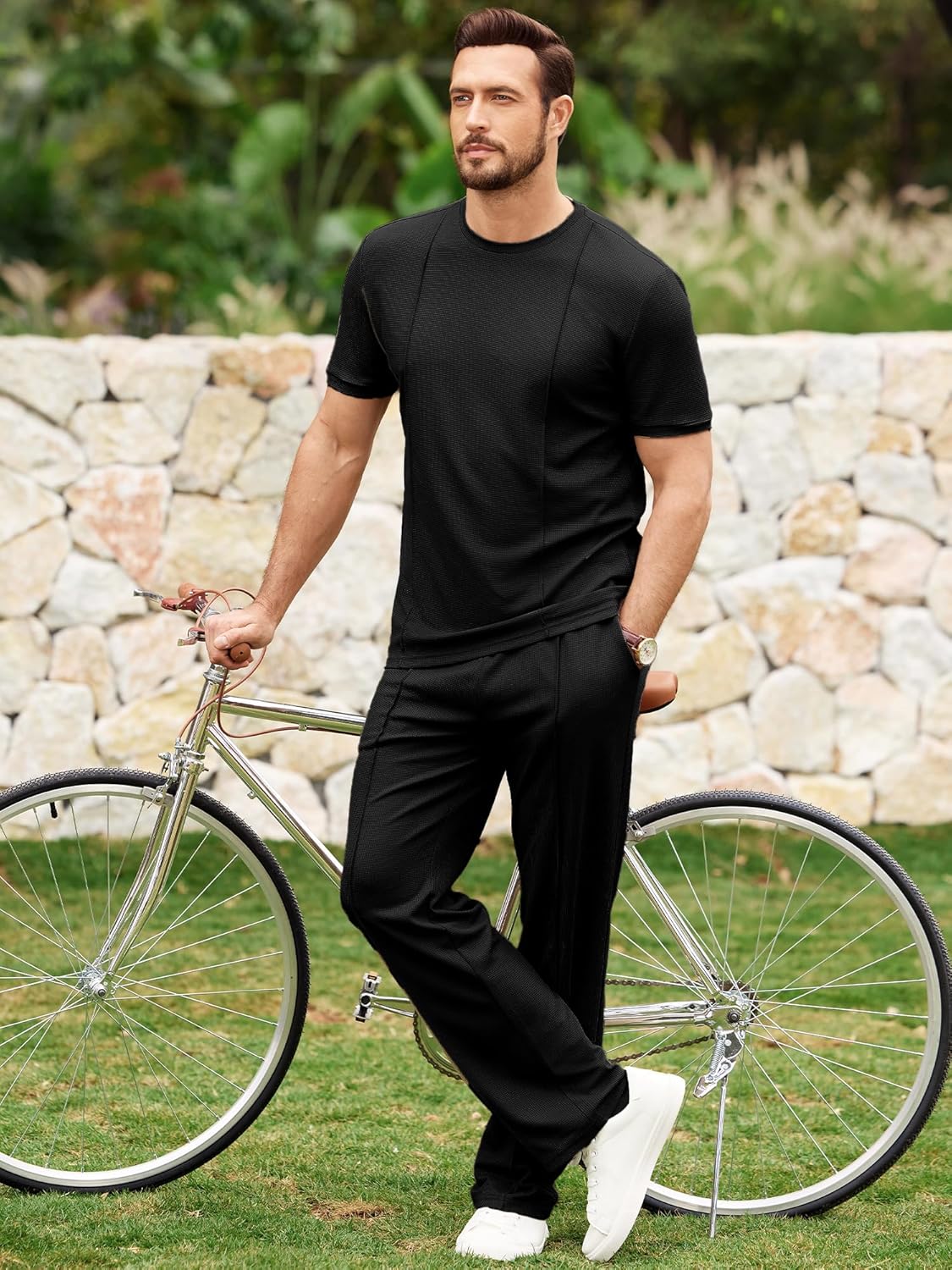 JMIERR Mens 2 Piece Sets Short Sleeve Shirts and Loose Pants Summer Textured Suits - Image 3