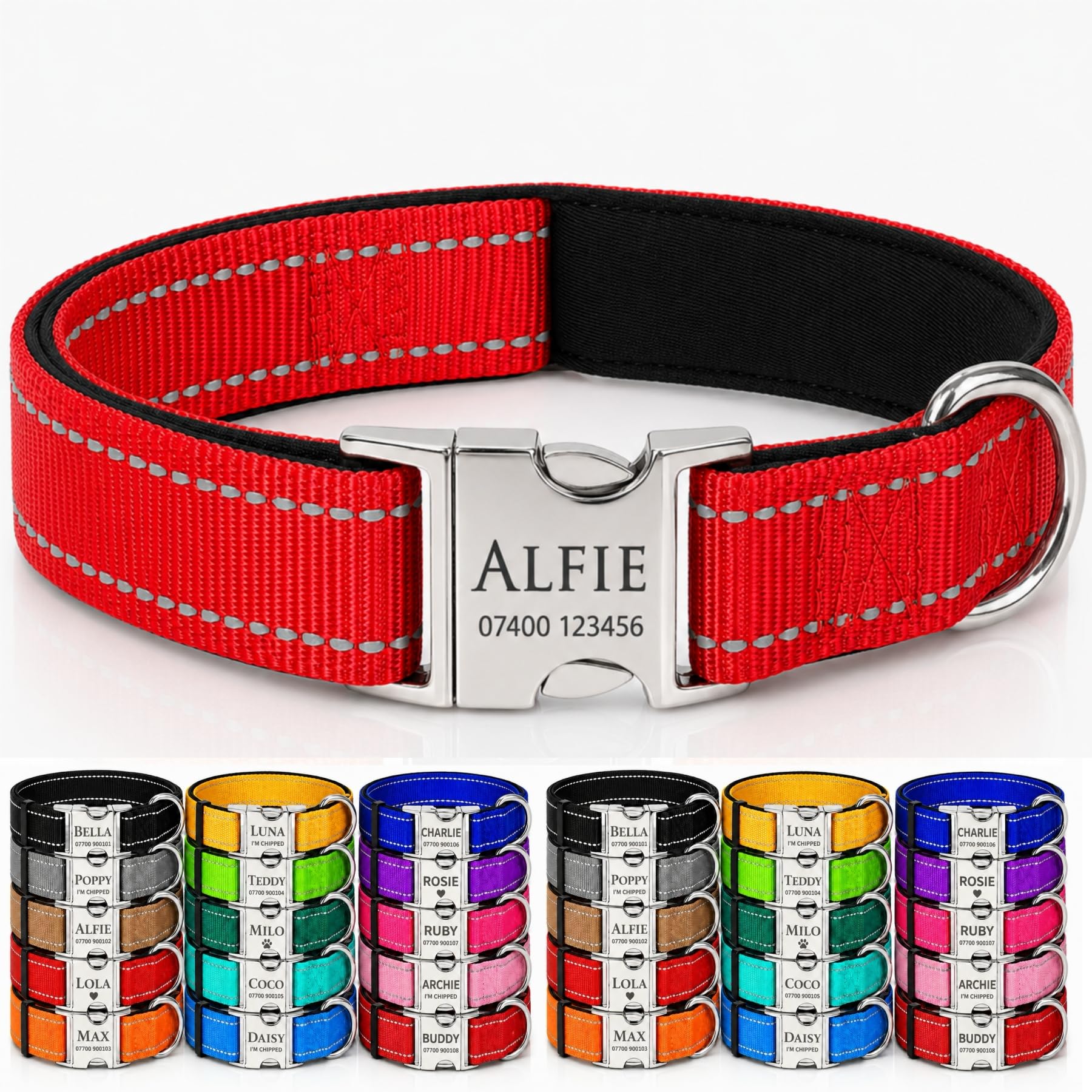 Personalised Pet Nylon Collar Custom Reflective Dog Collar Deeply Engraved In UK Name and Phone Number Adjustable Soft Collar Padded Collar For Small Medium Large Dogs Cats Sheep for Night Walking