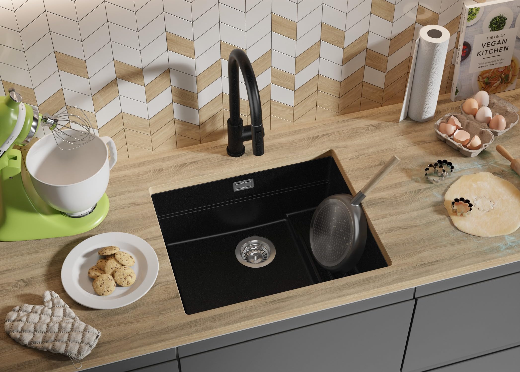 PRIMAGRAN Fregadero bajo Encimera Todo Negro - Prague Step, 56x47cm | Cocina 1 Seno + Set de accesorios, Granito al Mueble 60cm (S367)