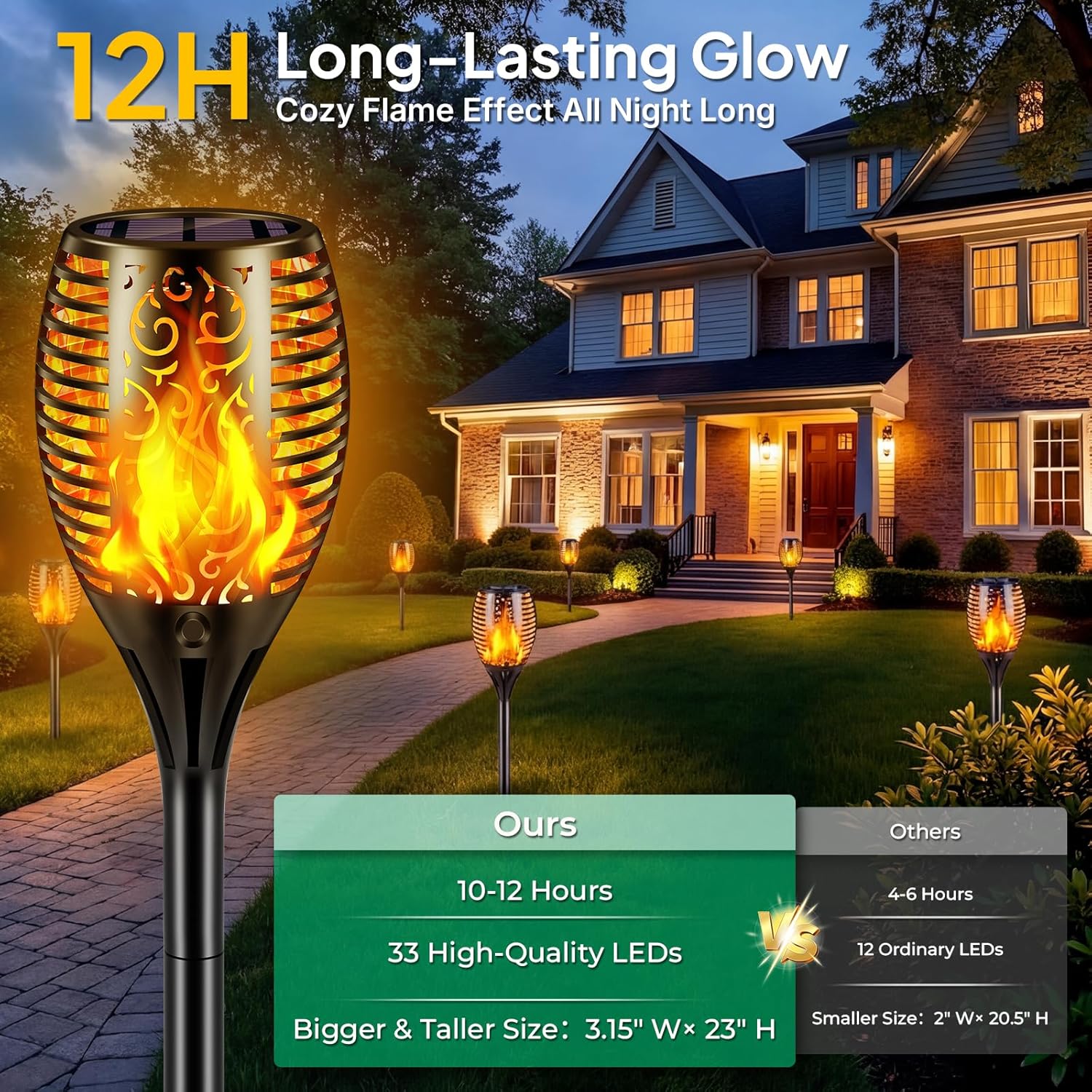TomCare Solar Lights Outdoor Flickering Flame Solar Torch Lights Waterproof Outdoor Lighting Solar Powered Pathway Lights Christmas Decorations for Garden Patio Yard Landscape, 6 Pack