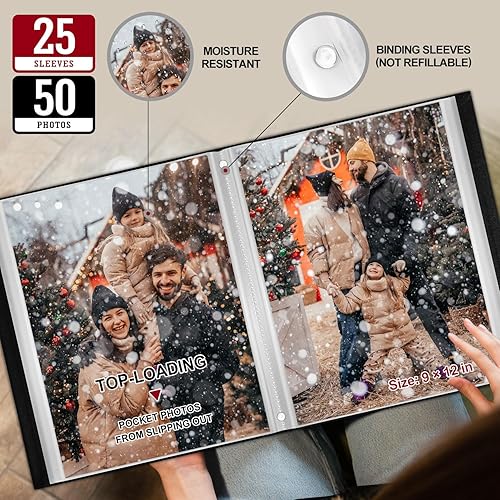 Miniatura 4 de Lanpn Álbum de fotos de 9 x 12 pulgadas, tapa dura de lino, sin ácidos, bolsillo de carga superior, libro de fotos con fundas que sostiene 52