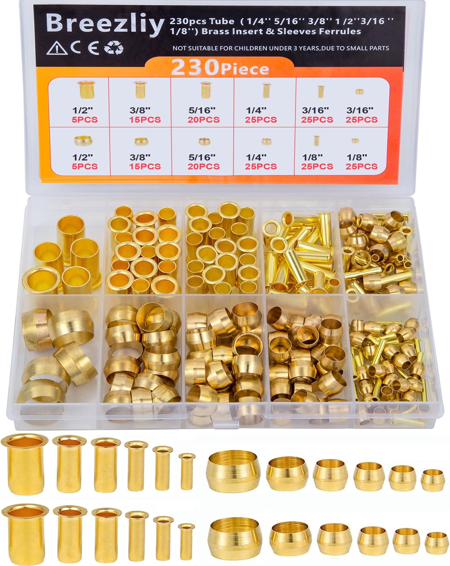 Compression Fittings Assortment kit-6 Sizes(1/8"3/16" 1/4" 5/16" 3/8" 1/2") Brass Compression Sleeves Ferrules & Insert,used to connect lines for air,water,fuel,oil and inert gases
