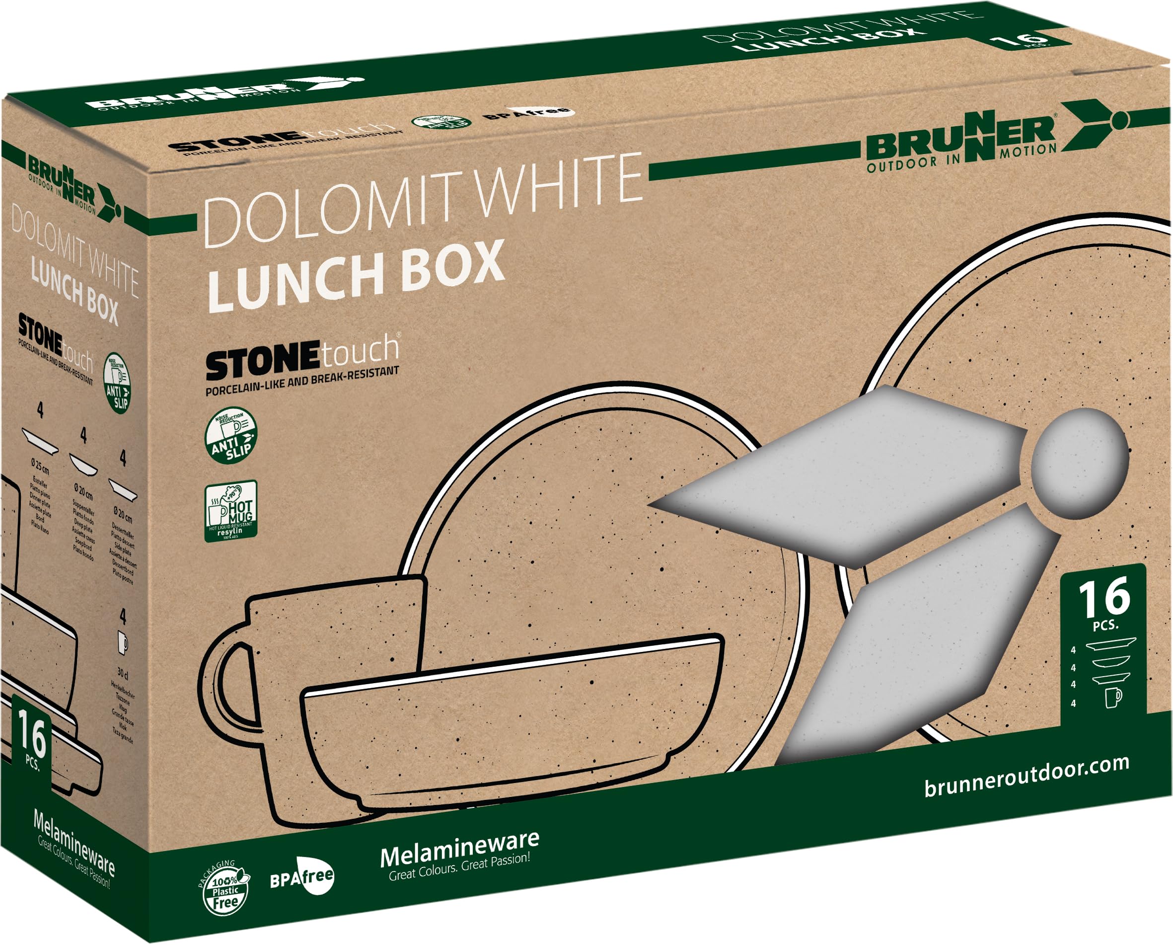 BRUNNER Melamin Geschirr Set Lunch Box Dolomit Stone Touch Camping Teller 16tlg Weiß