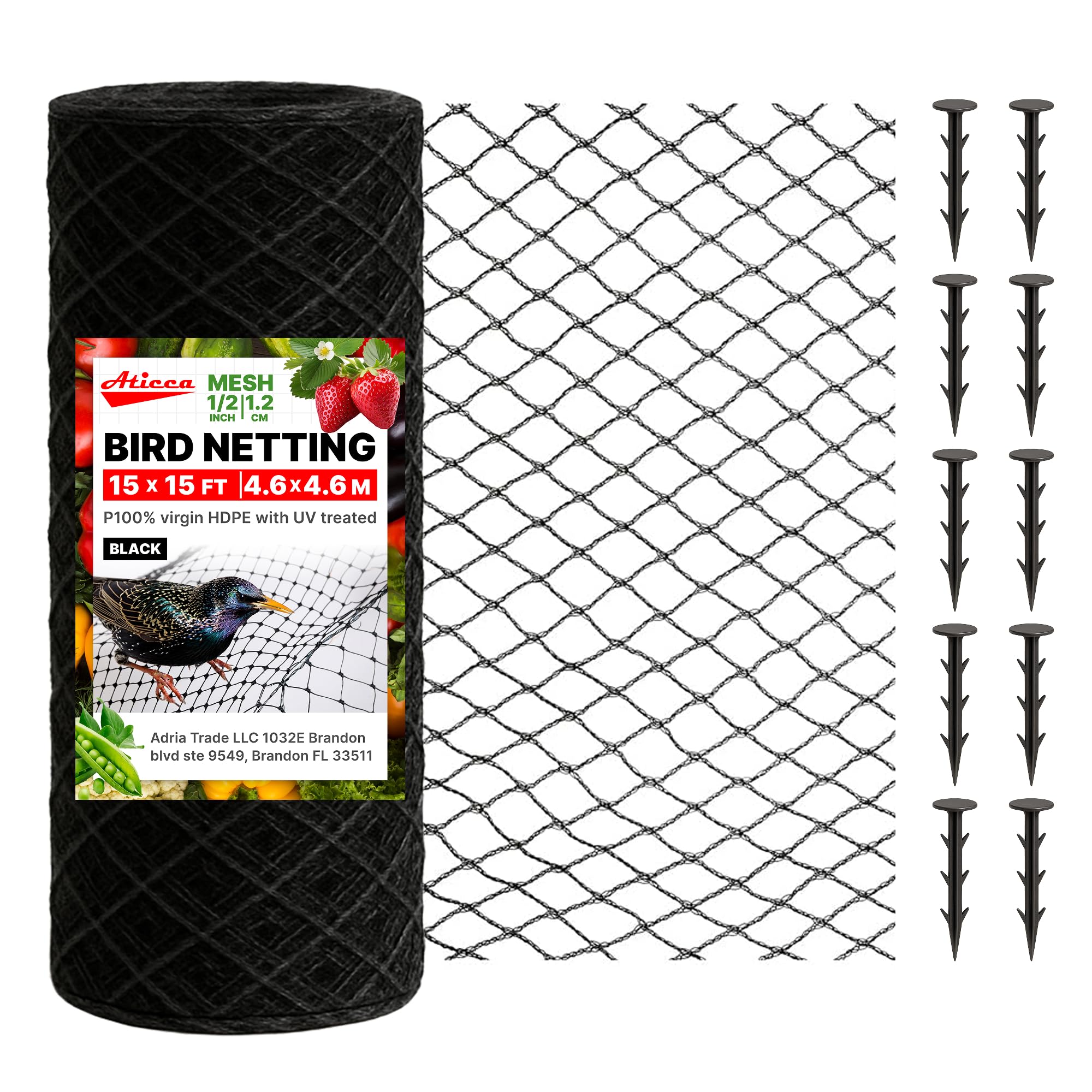 ATICCA Bird Netting 15 by 15 feet heavy duty nylon mesh with stakes