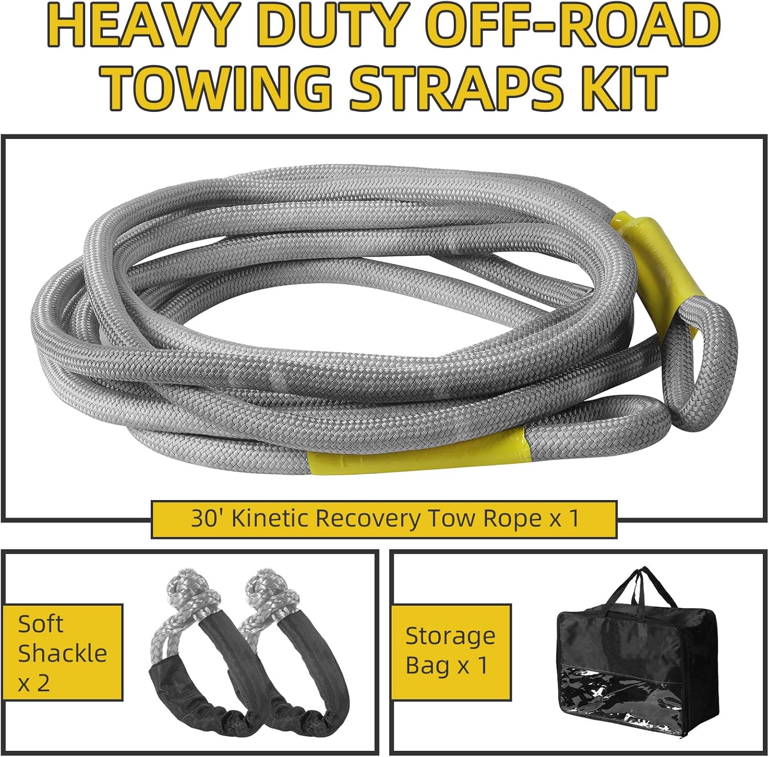 1" x 30' Kinetic Recovery Tow Rope (48,500lbs) with 2 Soft Shackles (56,000 lbs), Heavy Duty Offroad Towing Straps Kit for SUV UTV ATV Truck Jeep Off-Road Vehicle Recovery