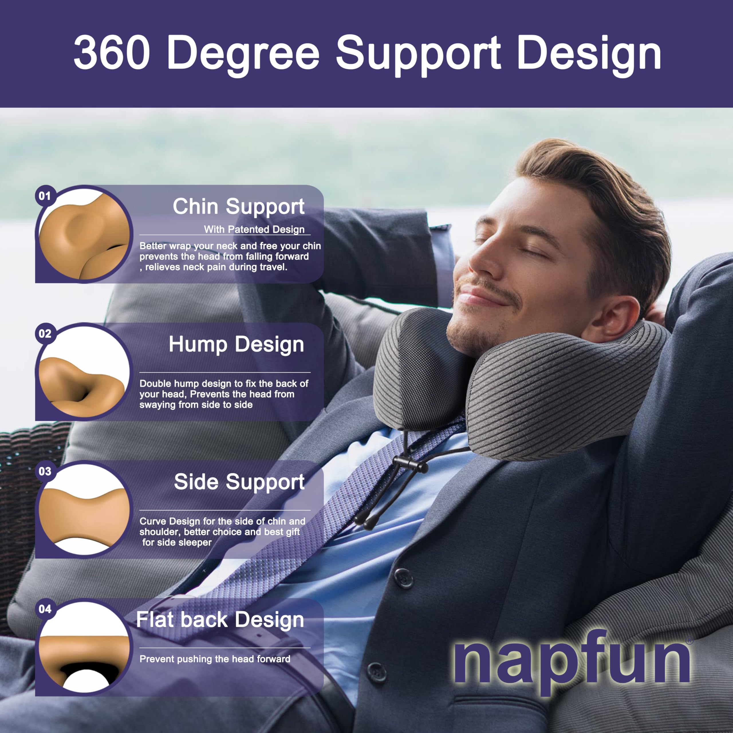 napfun Neck Pillow for Travel, Memory Foam Airplane Pillow, Dark Gray view 3