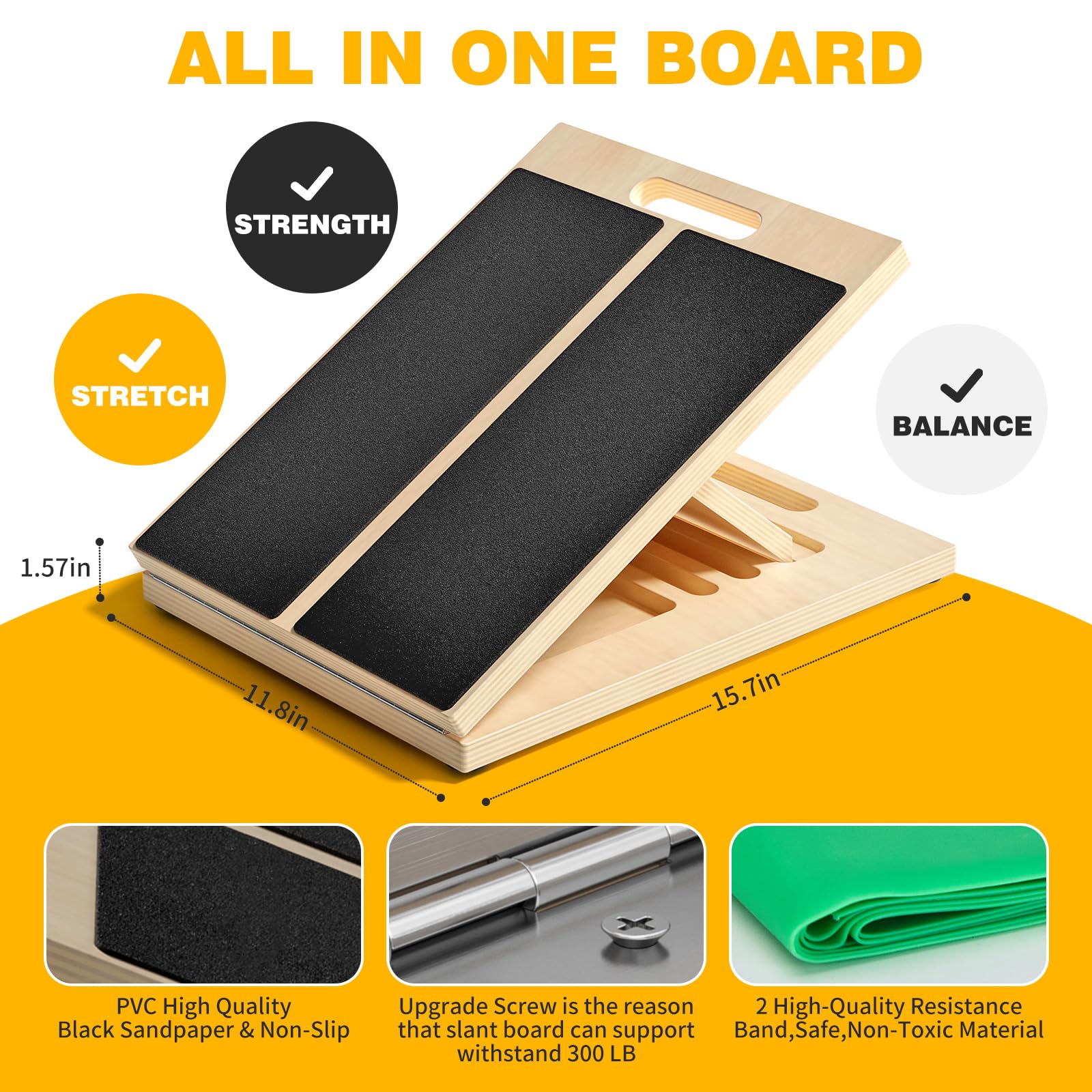 Slant Board for Calf Stretching, Adjustable Portable Wooden Board with 2 Resistance Bands & Training Poster,300 lbs Weight Capacity Calf Stretch Wedge for Legs, Knees & Flexibility Training