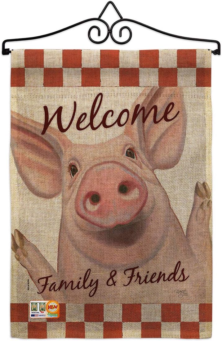 Welcome Piggy Garden Flag Set Wall Hanger Animals Barnyard Animal Cow Horse Rooster Farmhouse Pet Nature Farm Creature Small Decorative Gift Yard House Banner Made In USA 13 X 18.5
