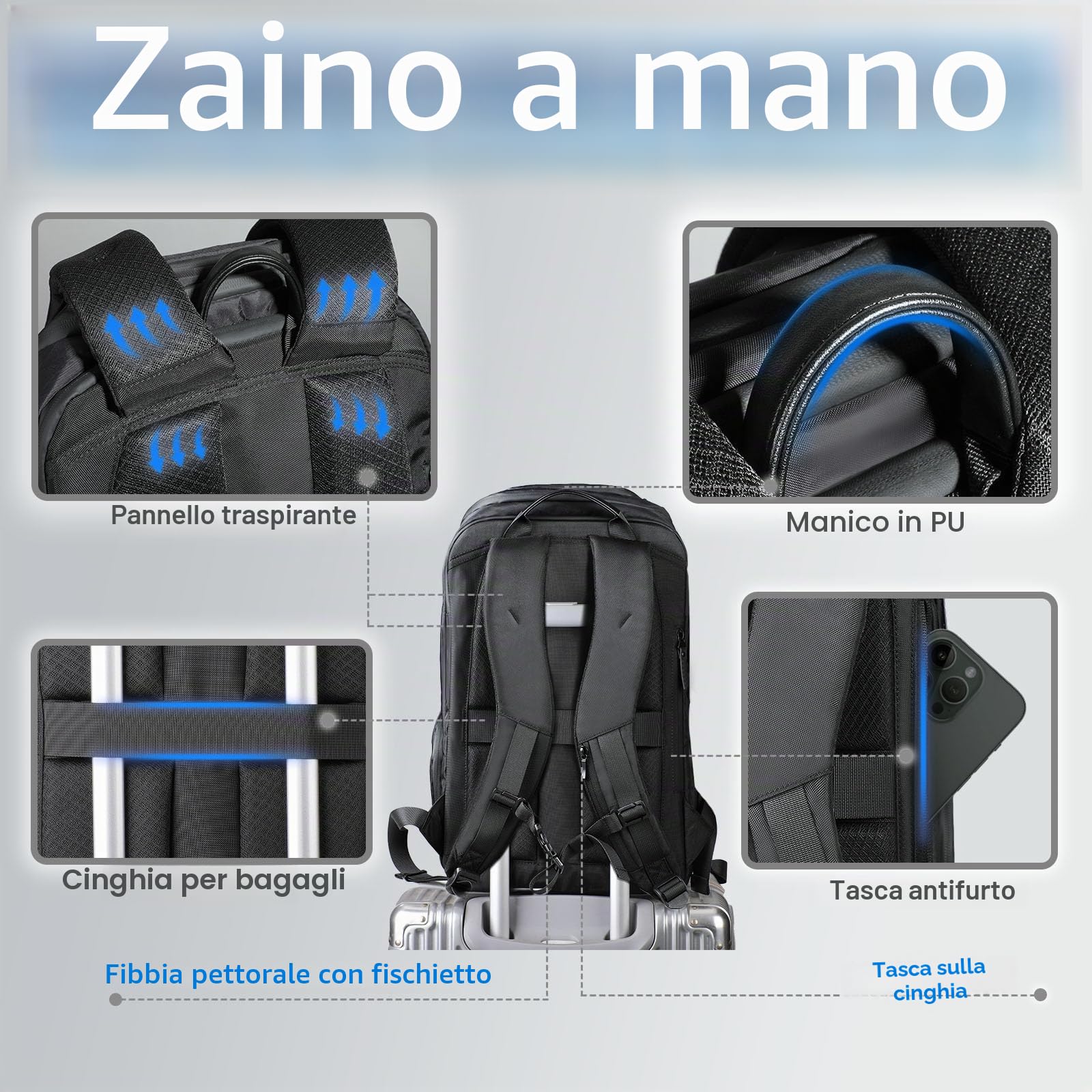 Zaino Viaggio per Uomo e Donna, Tessuto Tecnico Ultraleggero | Impermeabile e Resistente, Grande Capacità 30 L, per Laptop da 17,3 pollici, Ideale per Campeggio ed Escursionismo, Nero