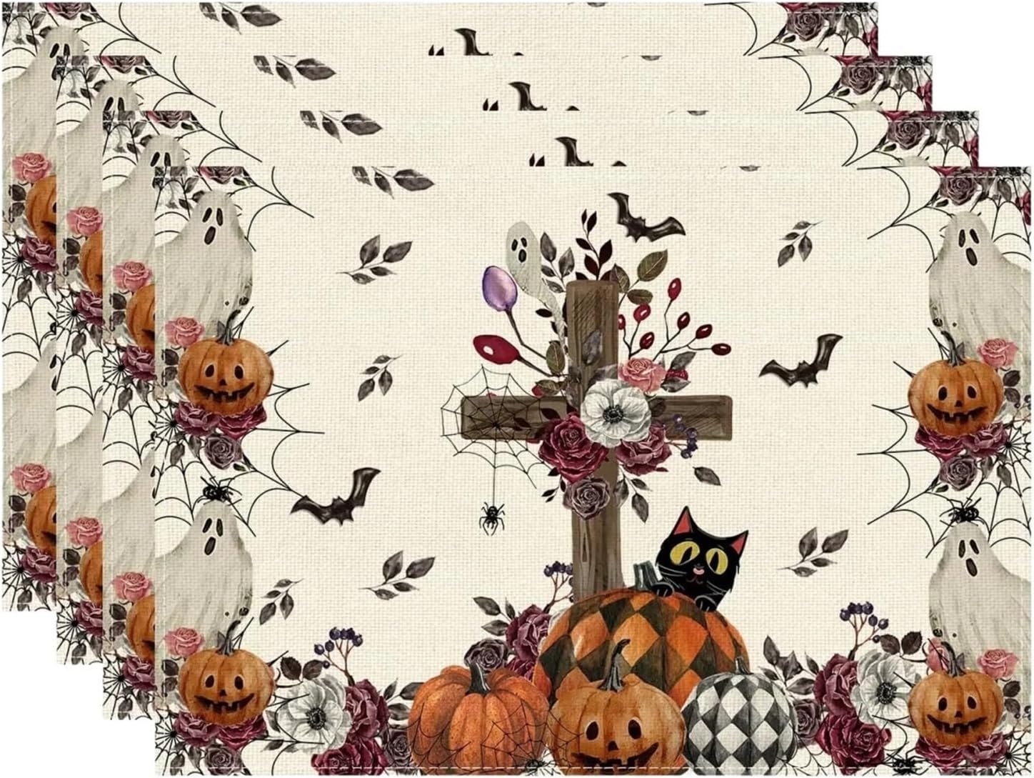 Spooky Pumpkin Flowers Cross Halloween Placemats Table Mats for Party Home Kitchen Dining Table Decorations 12x18 Inch(1p,6PCS)