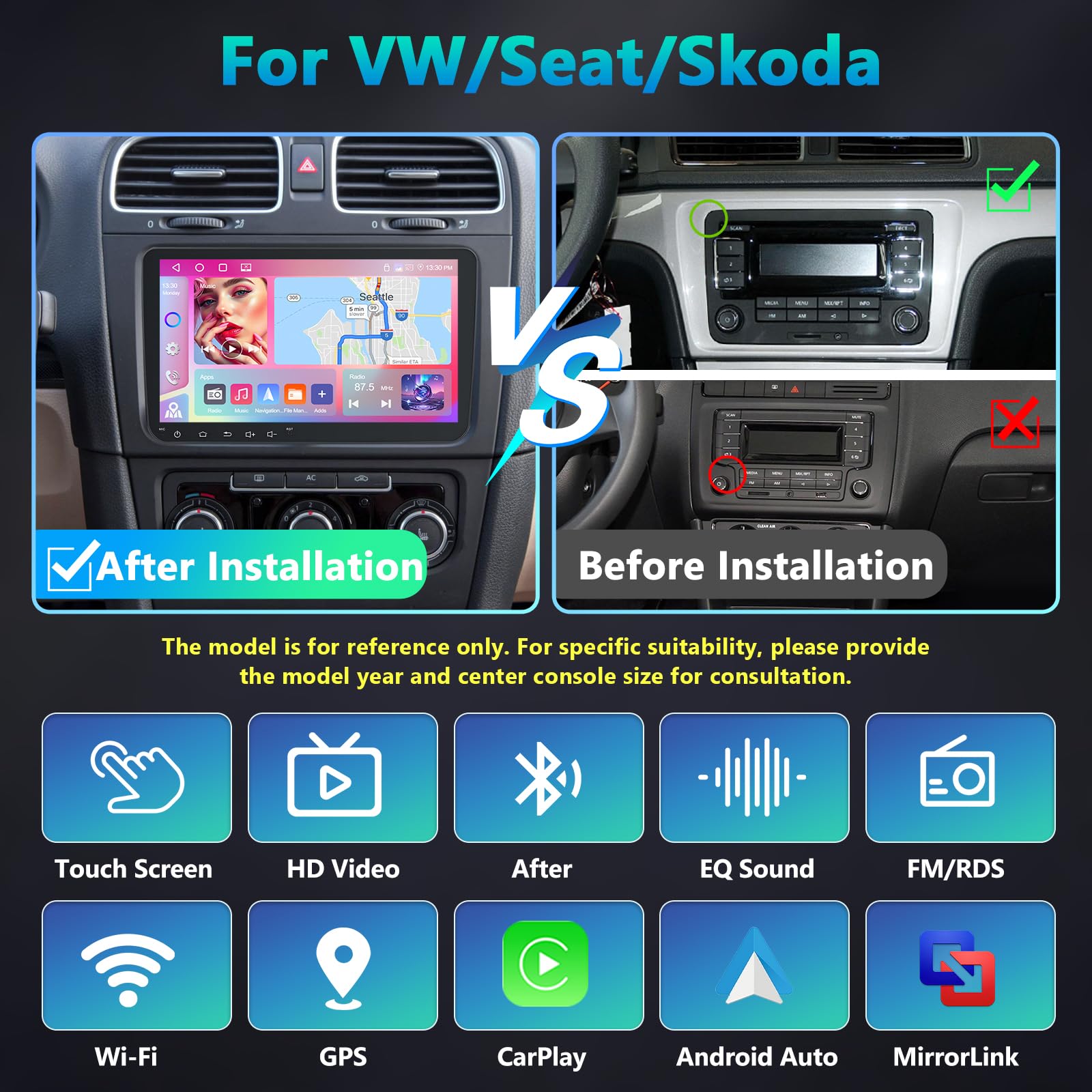 4GB RAM + 64GB ROM Carplay Autoradio per VW Golf 5/Tiguan/Touran/Passat/Polo/Skoda/Caddy/Seat con Wireless Android Auto Touchscreen da 9 pollici GPS/WiFi/FM/RDS/SWC/Canbus/BT/EQ+AHD Camera