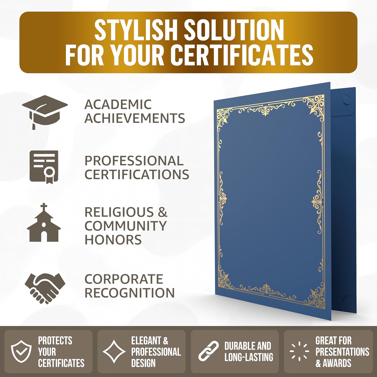 50 Pack Blue Certificate Holders 8.5 x 11 for Letter Size Certificates - Cardstock Diploma Holders with Gold Foil Border - Award Certificate Folders - Certificate Covers 8.5x11 - Diploma Cover Folder