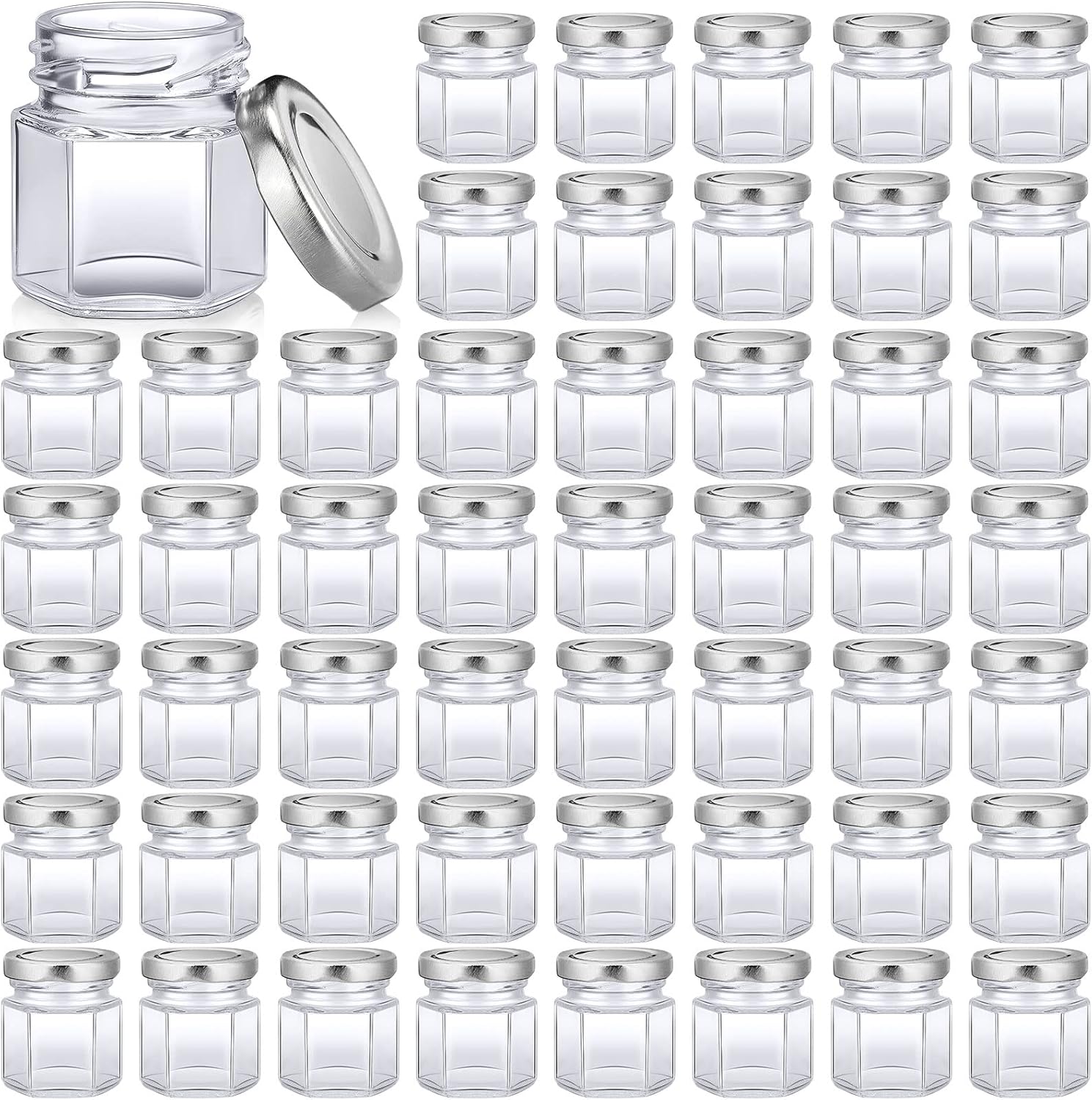 Nuogo 100 Pack 1.5oz Mini Hexagon Glass Jars Bulk for Wedding Small Honey Jars with Lids for Spice Canning Mason Gifts Candy Honey Wedding Party Favors DIY Crafts(Silver)