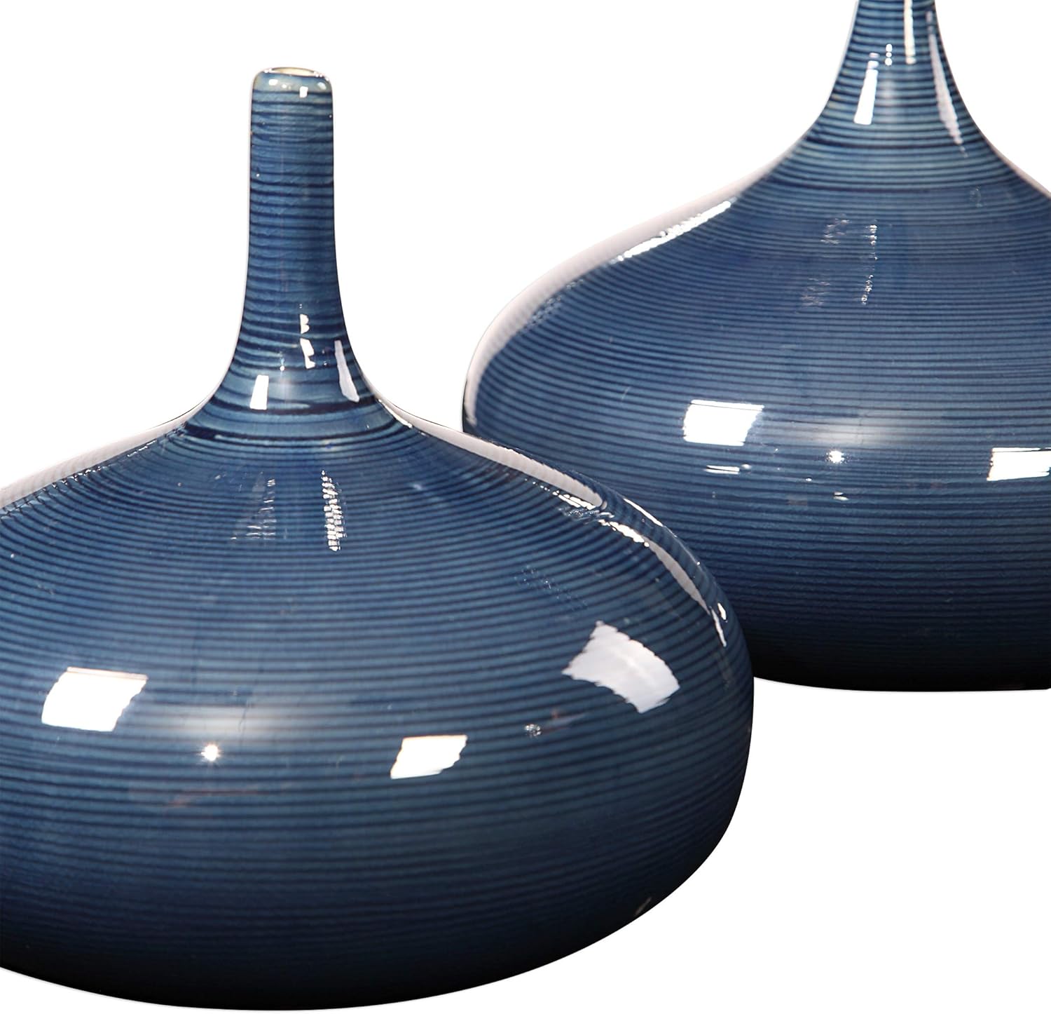 Elegant Dark Blue Tear Drop Shape Vase Set 2 Minimalist Ribbed Curved Bottle