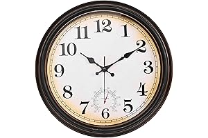 16" Outdoor Waterproof Wall Clock with Thermometer for Patio, Garden & Pool