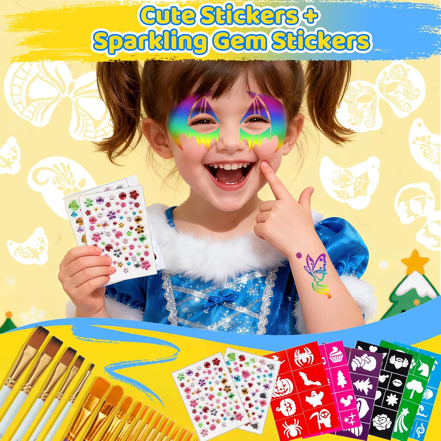 63Pcs Face Paint Stencils Kit With 32 Reusable Face Painting Stencils, 9 Sheets Tattoo Templates Stickers, 15 Brushes, 2 Pack Gems, 4 Fingertip Sponges, 4 Sponges For Halloween Festival Party Makeup