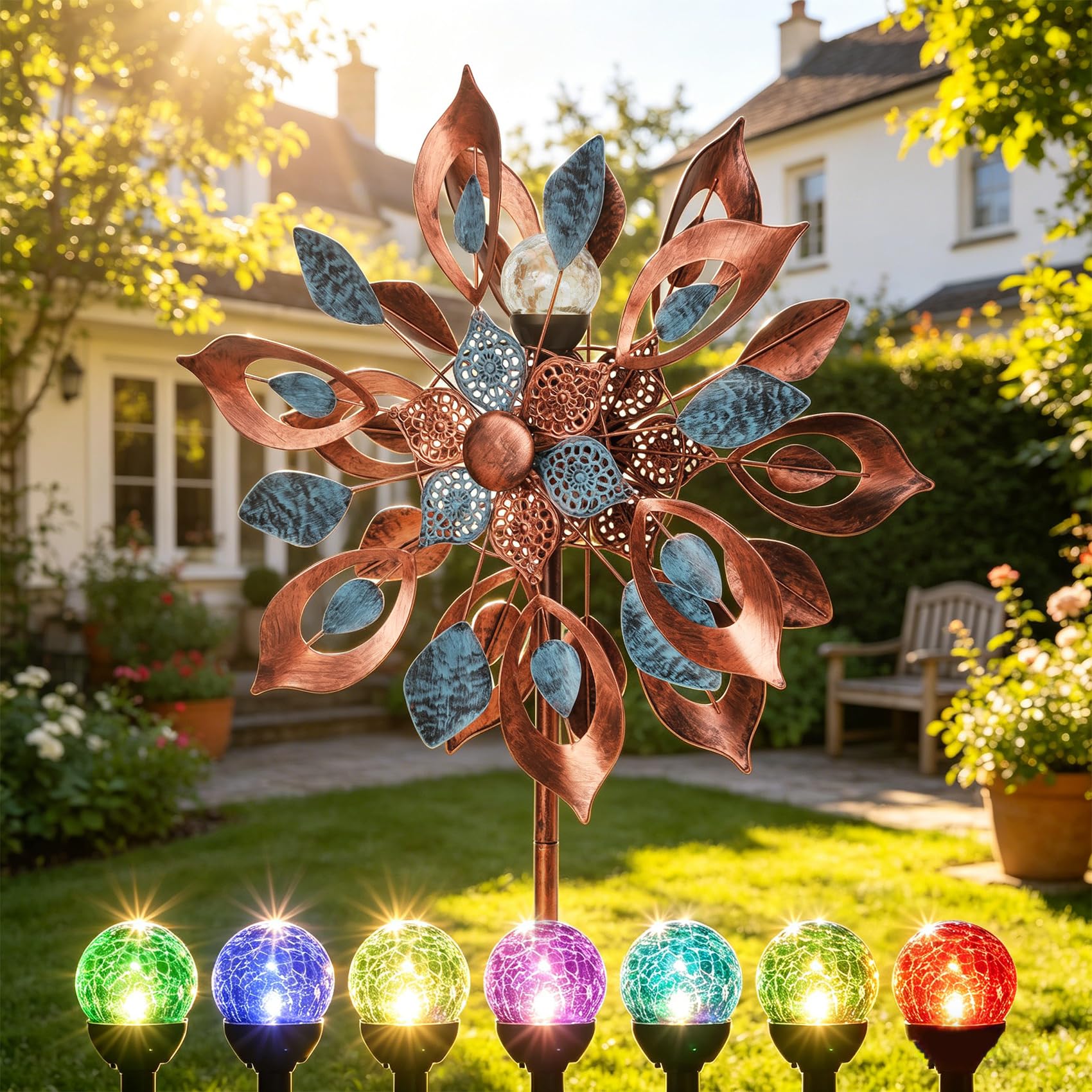 Molinillos de viento de 84 pulgadas para exteriores, gran molinillo de viento de metal con luces solares de 7 colores, molinillo de viento de metal resistente para jardín, patio, césped, patio