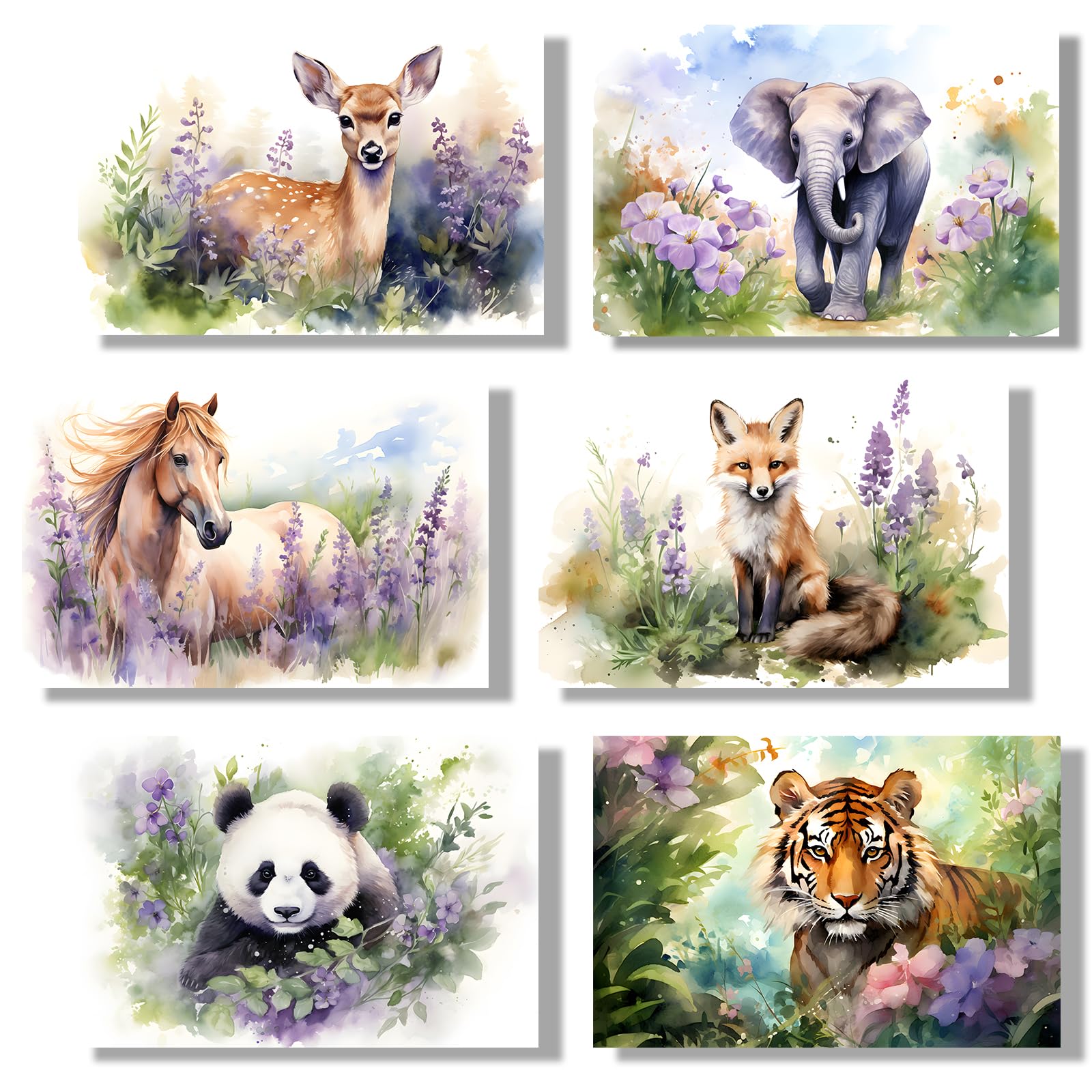 Animals In Flowers Poster Nature and Animals Cute Illustration Style Poster Deer Elephant Fox Horse Panda Tiger Watercolor Painting Poster Home Wall Decor Posters (6 Pcs 8 * 12 Inches - Frameless)