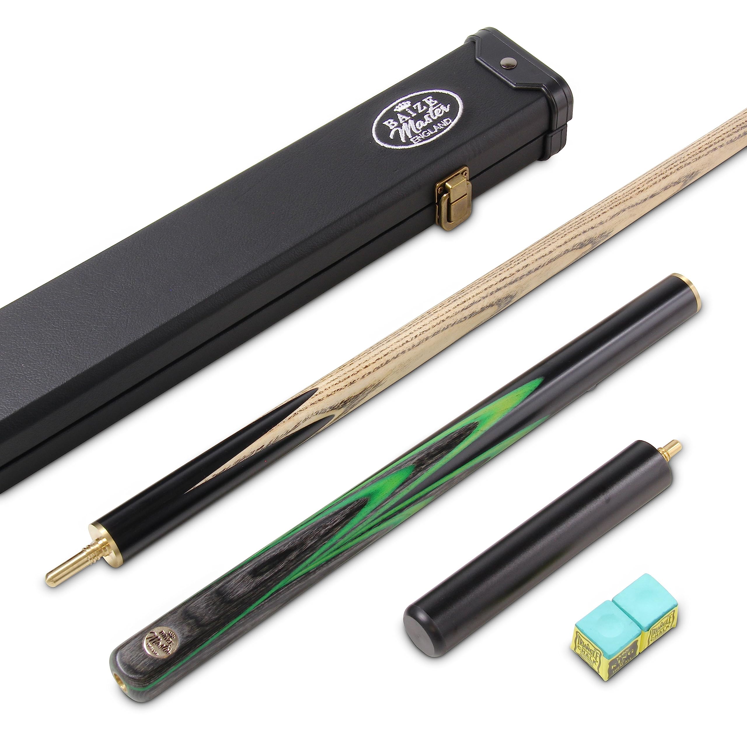 BAIZE MASTER Gold Series GREEN EMPEROR 8-BALL POOL CUE SET with 57 Inch Hand Spliced 3/4 Joint Cue 8mm Tip, Deluxe Black Interior Hard Case and 2 x Chalk