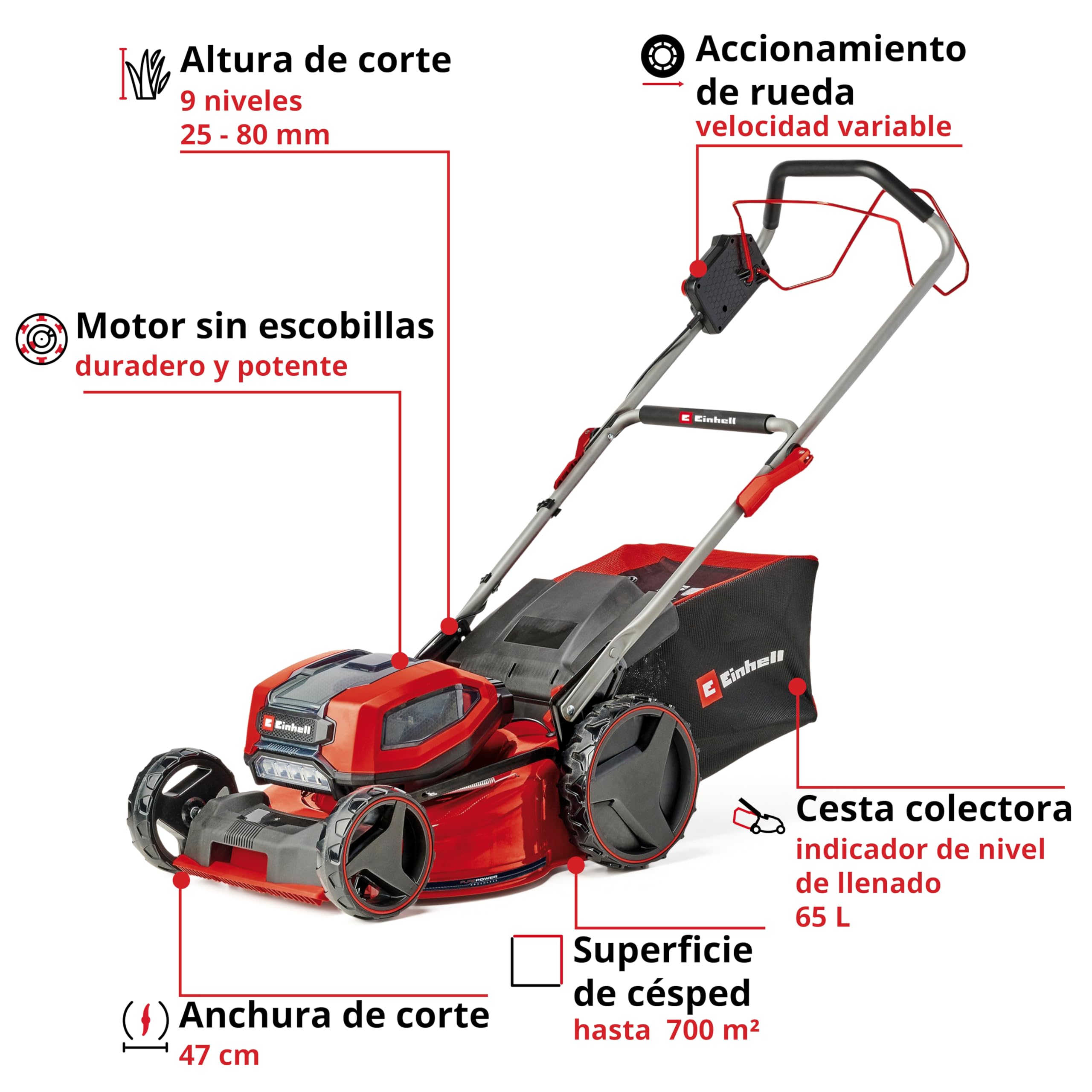 Einhell Professional Cortacésped con batería GP-CM 36/47 S Li BL Power X-Change (36 V, 47 cm de ancho de corte, hasta 700 m², sin escobillas, cesta 65 L, incl. 4x4,0Ah baterías, 2x Twincharger)