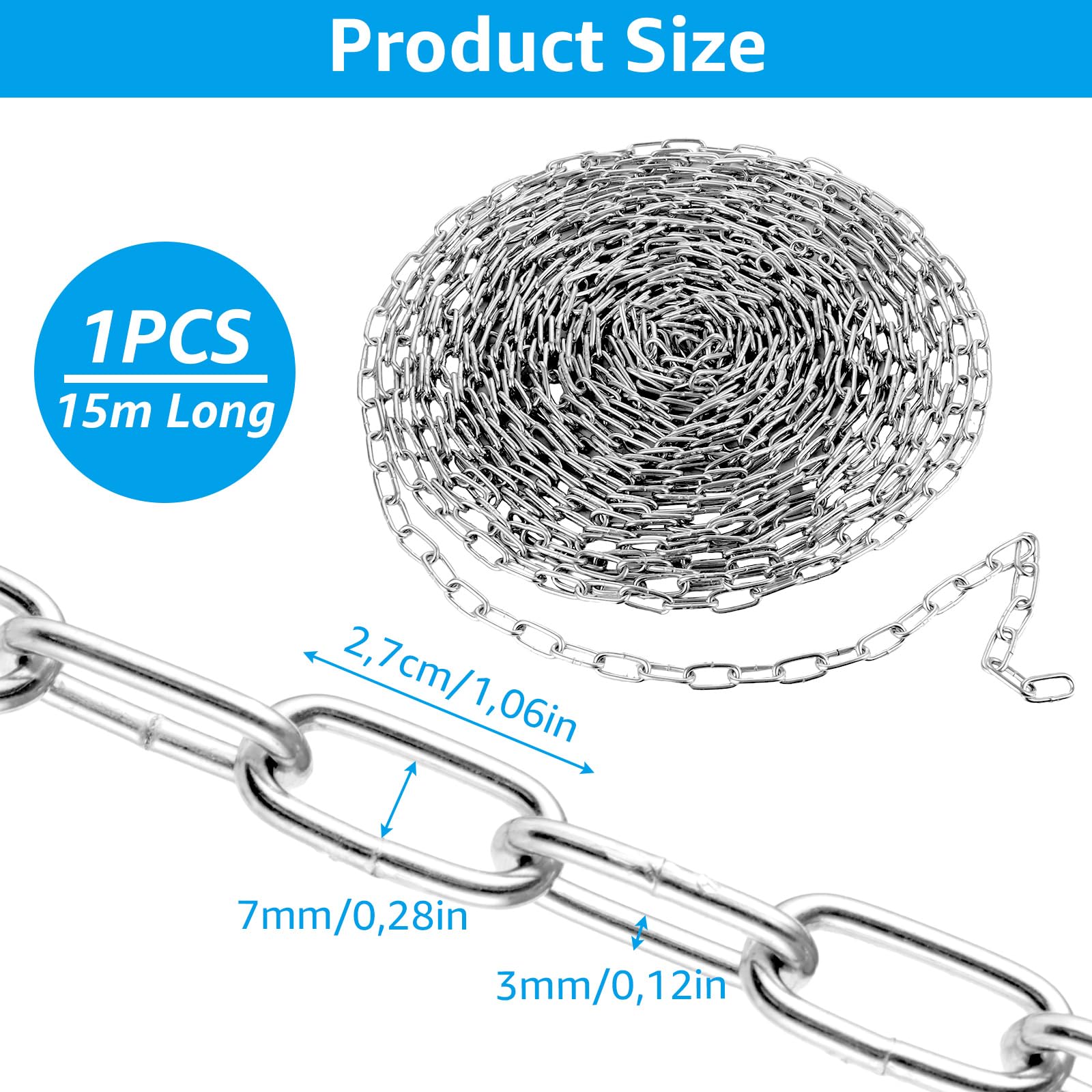 WOPPLXY Chainette Metal, Chaine Acier Robustes 15m Ø 3 mm, Chaîne Acier Galvanisé pour Corde à Linge, Plantes Suspendues, Antivol De Vélo, Décoration DIY