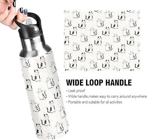 Miniatura 4 de Botella de agua aislada con pajilla, frasco de acero inoxidable con diseño de gato lindo de dibujos animados para deportes, ciclismo, senderismo,
