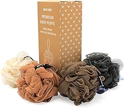 ana wiz Lot de 4 grandes bouffées exfoliantes super douces fabriquées à partir de matériaux 100 % recyclés | Durable, durable et recyclable (tons neutres), Variété
