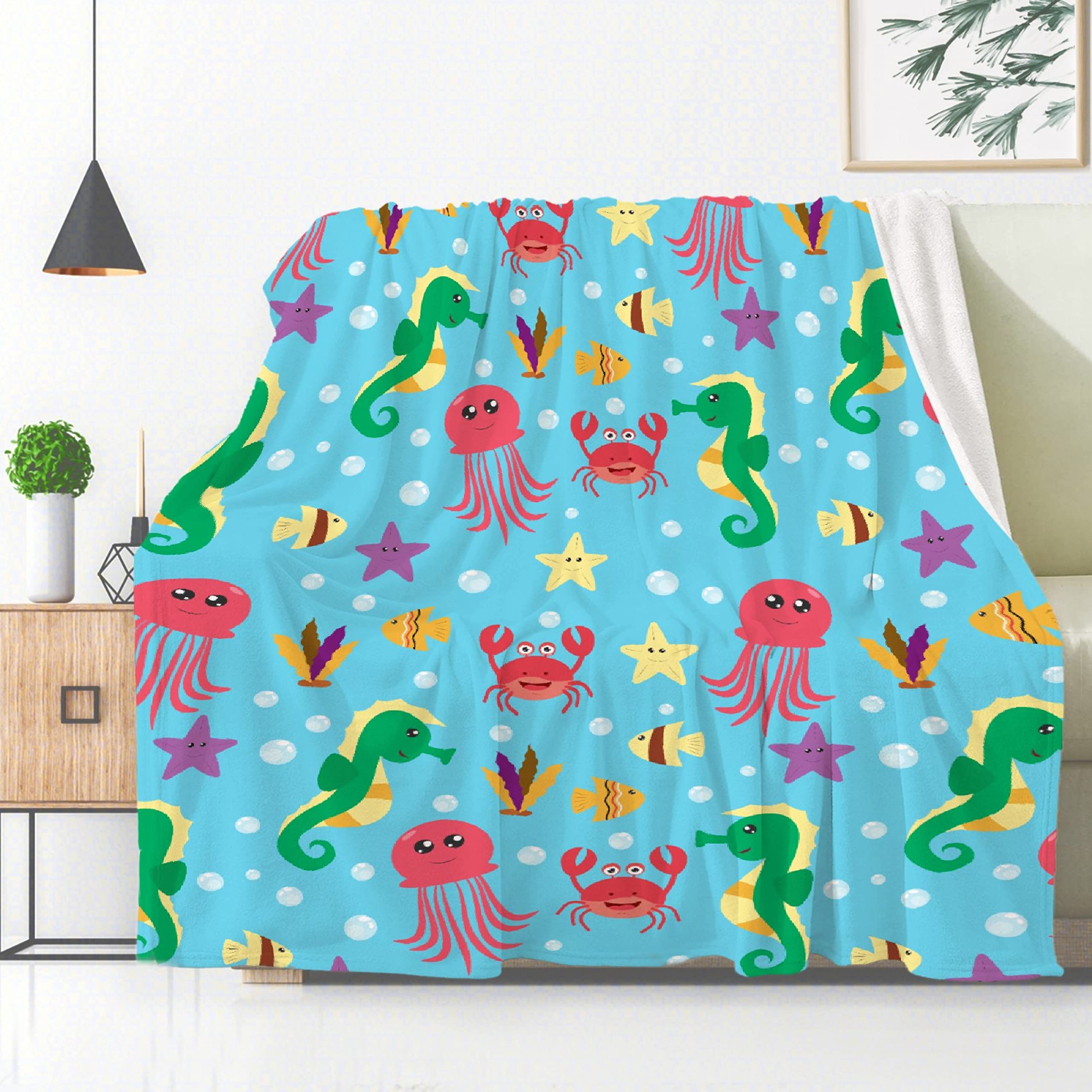 Undersea Watercolor Creatures Throw Blanket, Jellyfish Starfish Christmas Blanket Gift, Ultral Soft Warm Flannel Blanket for Animal Lover Suit for Sofa, Couch, Bed, Travel 60