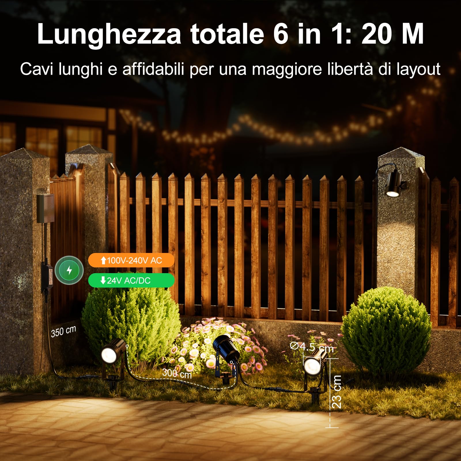 6 Pezzi 20M 6-IN-1 Luci da Giardino LED Faretto da Giardino Impermeabili IP67, Bianco Caldo 3000K 24V per Esterno Giardino