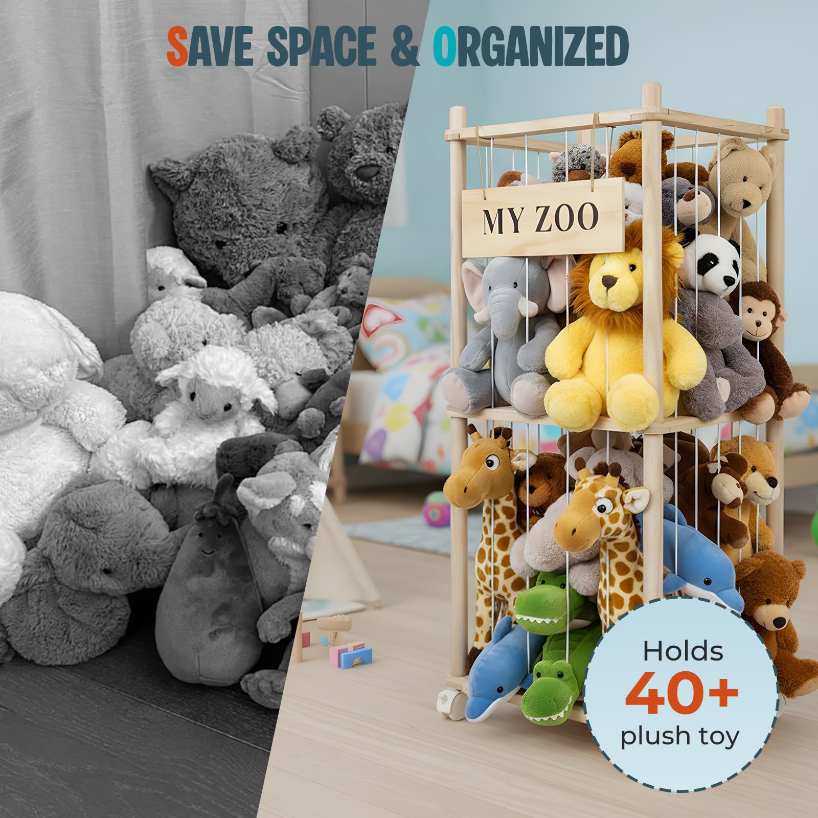 Porta Peluche Verticale a 2 Ripiani, Portapeluche con Ruote Frenate a 360°, Organizer per Animali di Peluche e Giocattoli, per Camera dei Bambini, Sala Giochi, Soggiorno, 95 x 40 x 40 cm