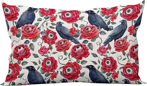 Halowen - Fundas de almohada de 12 x 20 pulgadas, espeluznante cuervo con rosas y globos oculares, decoración de otoño de temporada para el hogar,