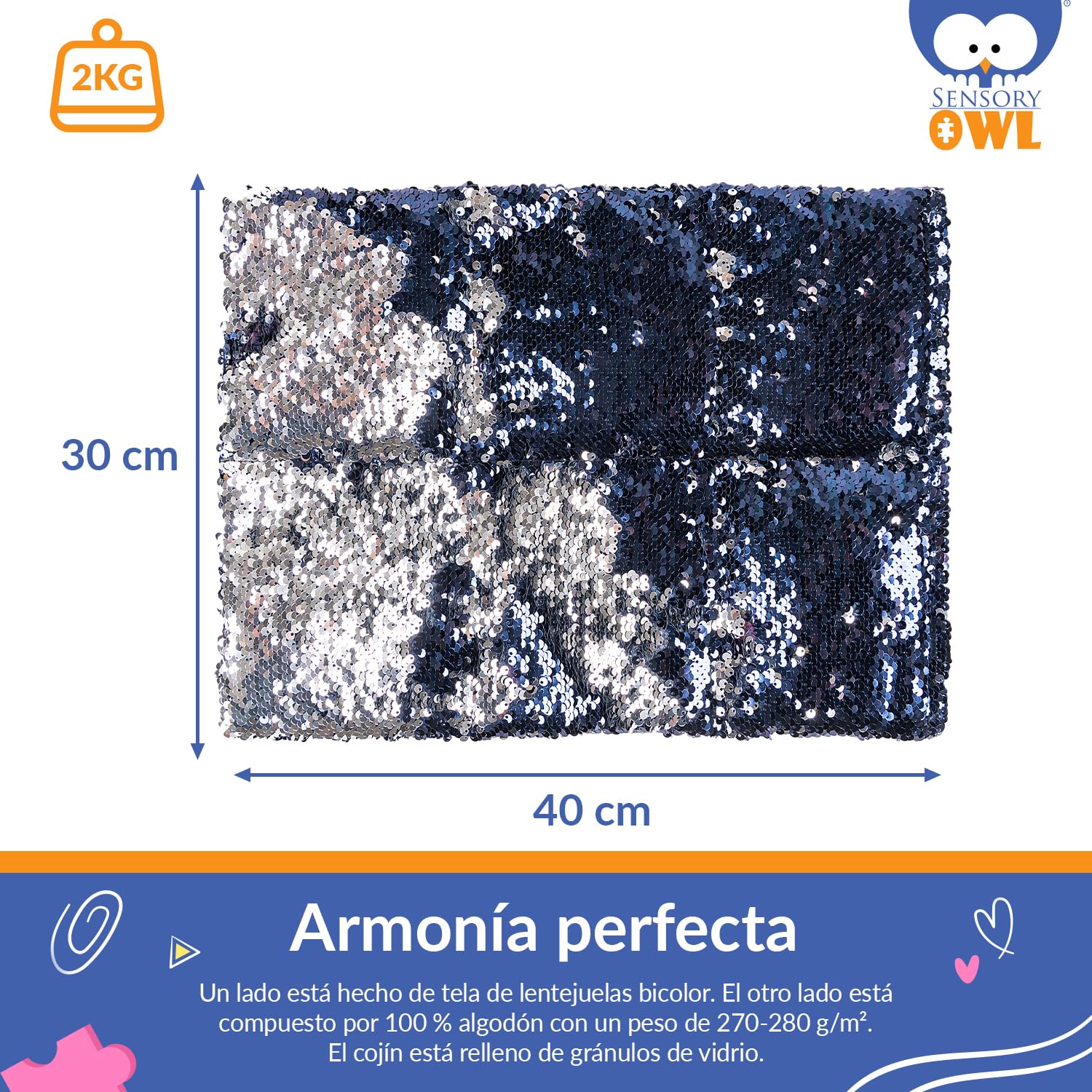 Almohada Pesada Cojin Sensorial De Regazo para Niños Y Adultos Terapéutico con Lentejuelas Bicolores Alivio del Estrés Ansiedad 2 kg 30 x 40 cm Azul Marino Plata