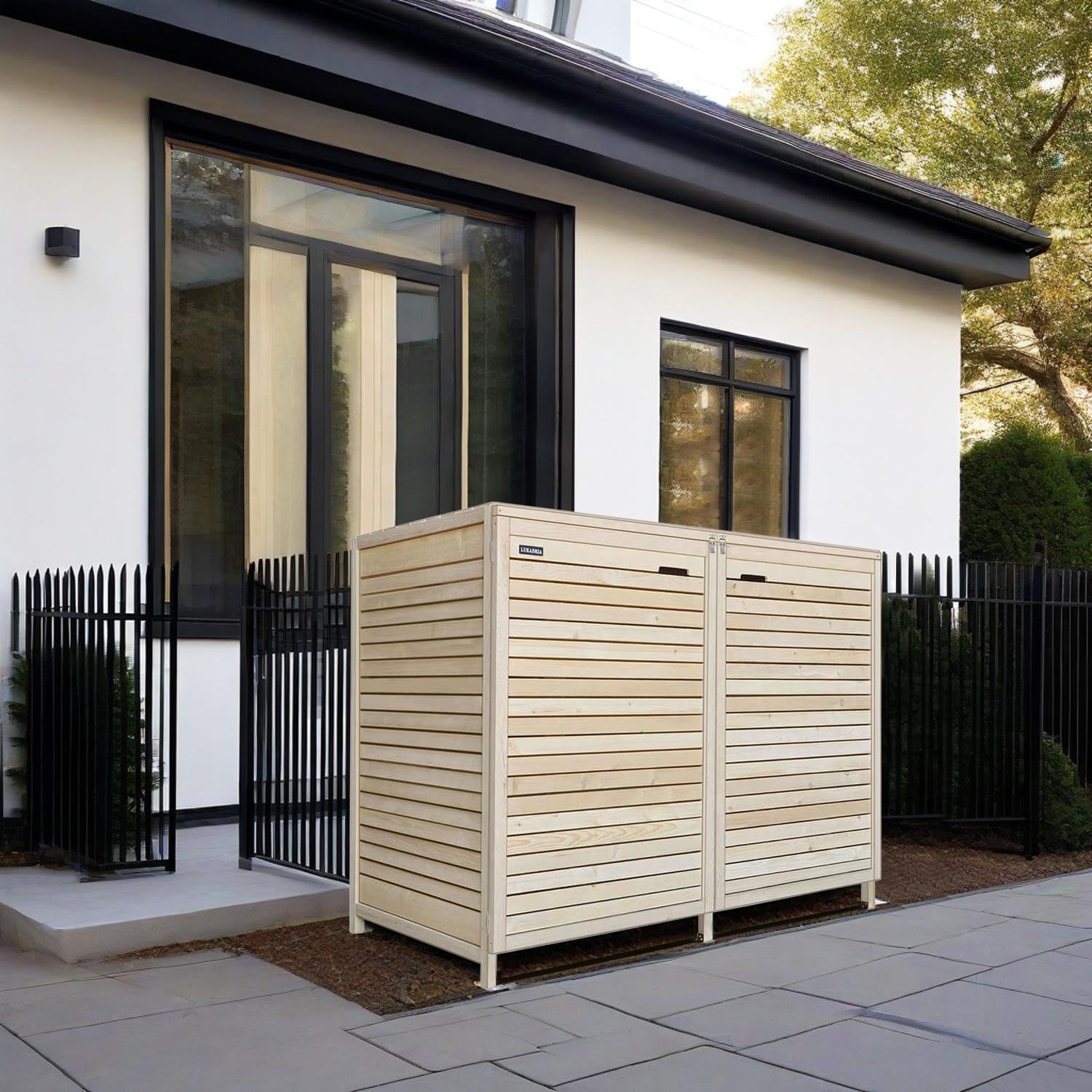 Mülltonnenbox 2 Tonnen Mülltonnenverkleidung Mülltonnecontainer Holz Natur 240L vormontiert mit Rückwand Adr.