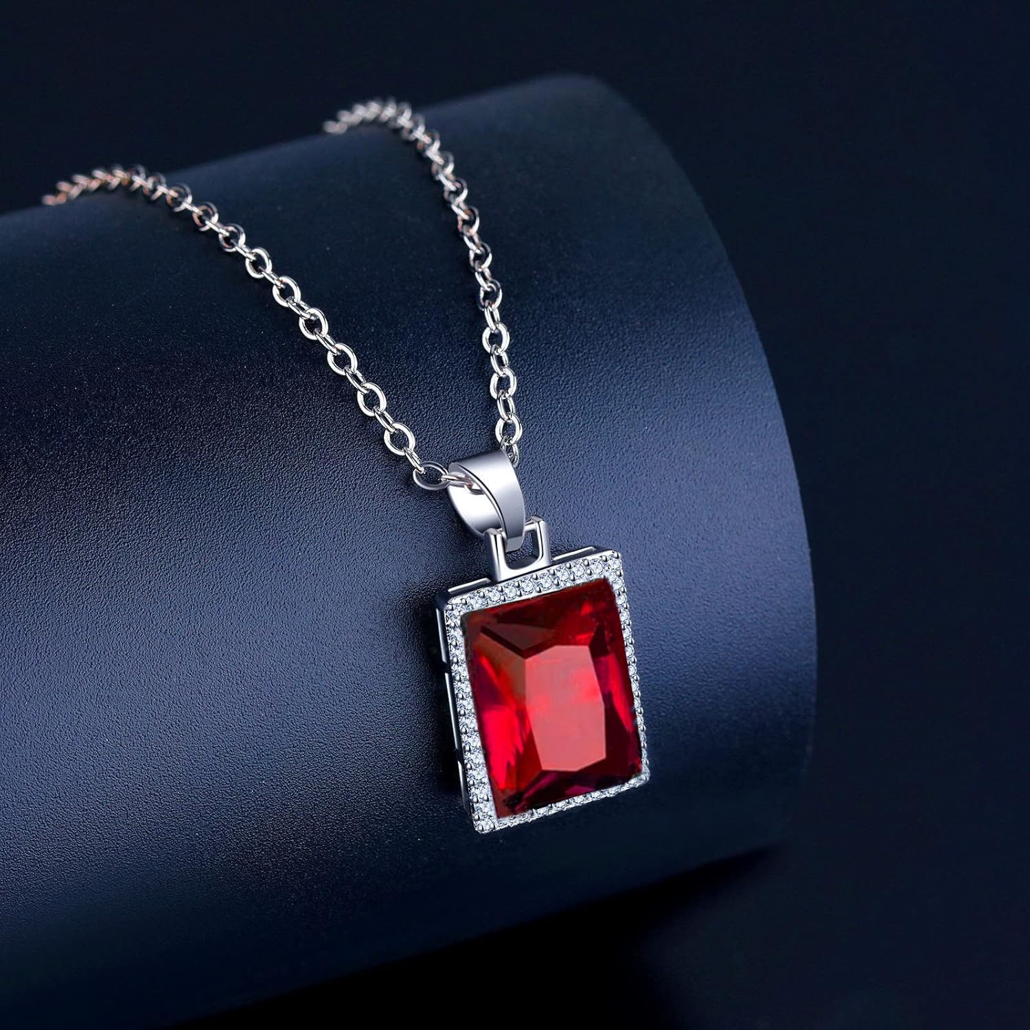 VONSSY Rectangle Gemstone Pendant Necklace | Ruby Crystal & Created-Emerald Birthstone Necklace | 18K Platinum Gold Plated Chain | Meaningful Jewelry Gift for Mother Daughter Girlfriend - Image 3