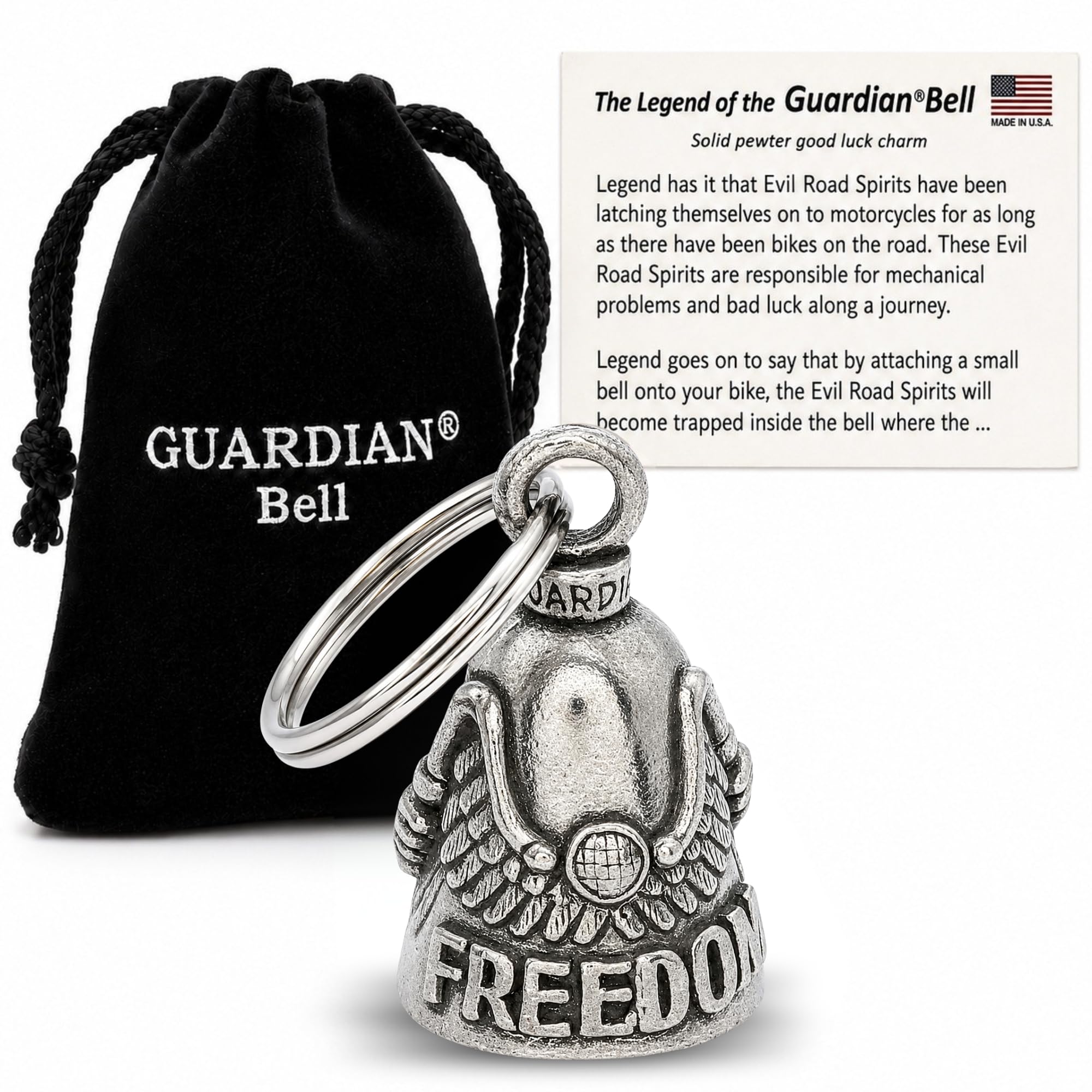 Guardian Bell Freedom Rider Good Luck Bell w/Keyring &amp; Black Velvet Gift Bag | Motorcycle Bell | Lead-Free Pewter | Made in USA