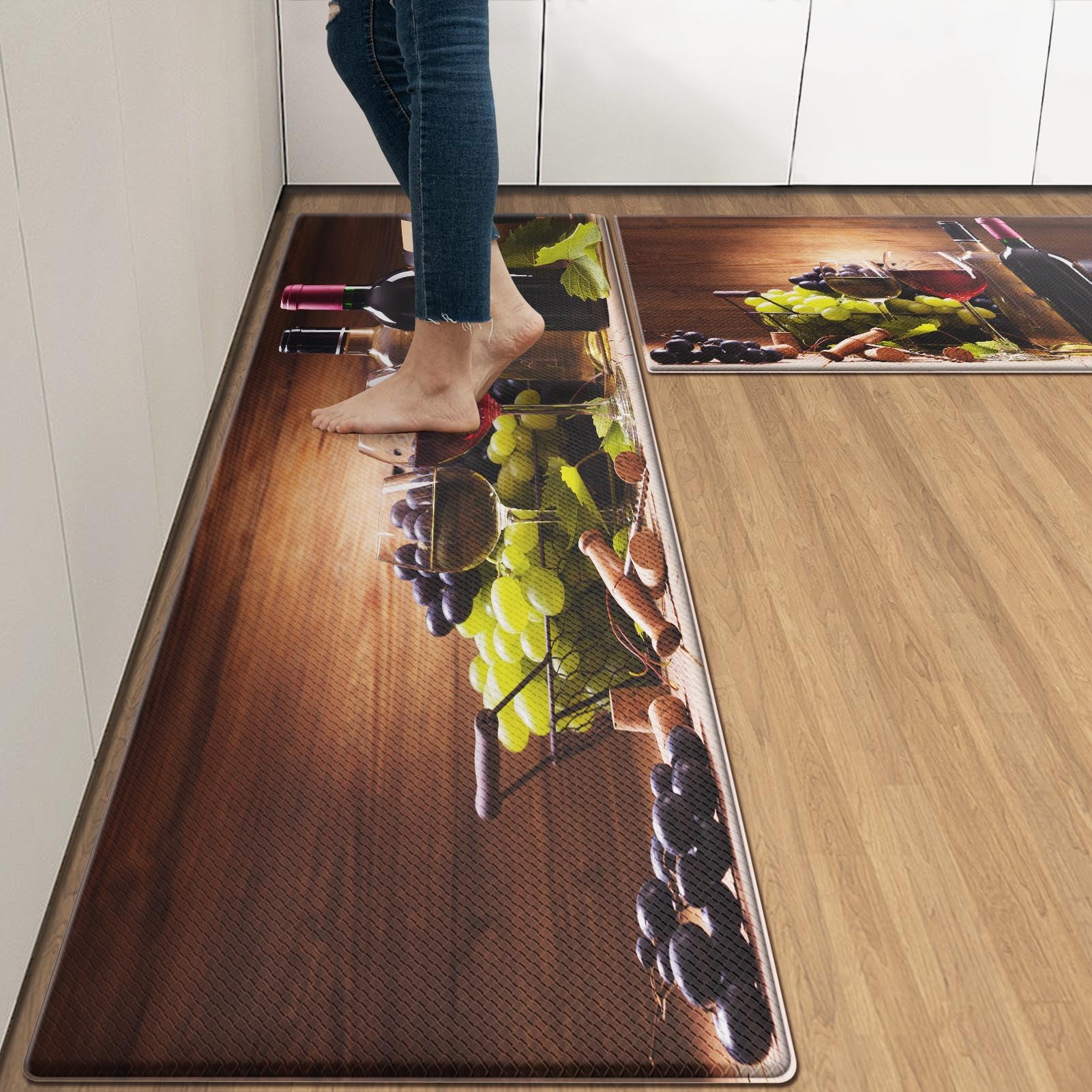 Red Rose Wine Wooden Anti-Fatigue Kitchen Rug Set of 2 Fruit Summer Green Cushioned Kitchen Floor Standing Mat Waterproof Non-Slip Kitchen Mats and Rugs PVC Ergonomic Comfort Foam Rug