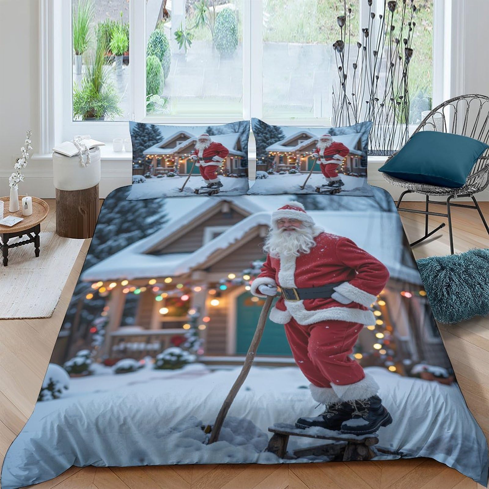 GPLZQXKJNH 3D Printed Christmas Santa Claus Duvet Cover Microfiber Soft Snowy Cottage Quilt Cover Set with 2 Pillowcases for Bedroom Decor Single（135x200cm）
