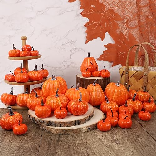 Miniatura 8 de winemana 46 calabazas artificiales de varios tamaños, decoraciones de otoño, calabaza de espuma naranja, decoración de otoño, calabaza sintética