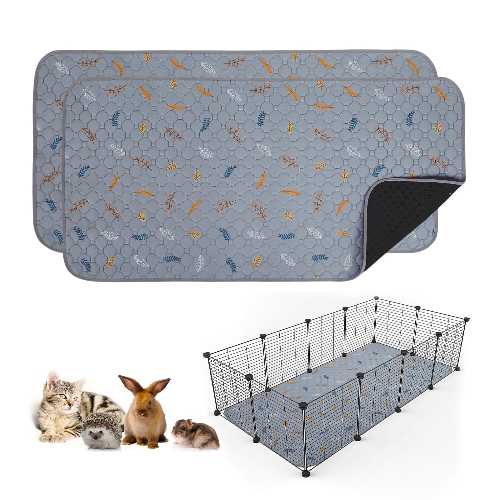 Sunheir 2 Pack Washable Guinea Pig Pee Pads, Waterproof Reusable Guinea Pig Cage Liners, Absorbent Bedding Training Mat for Small Animal Guinea Pigs Rabbit Bunny Hamster (Leaves - Light Grey, 24x48)