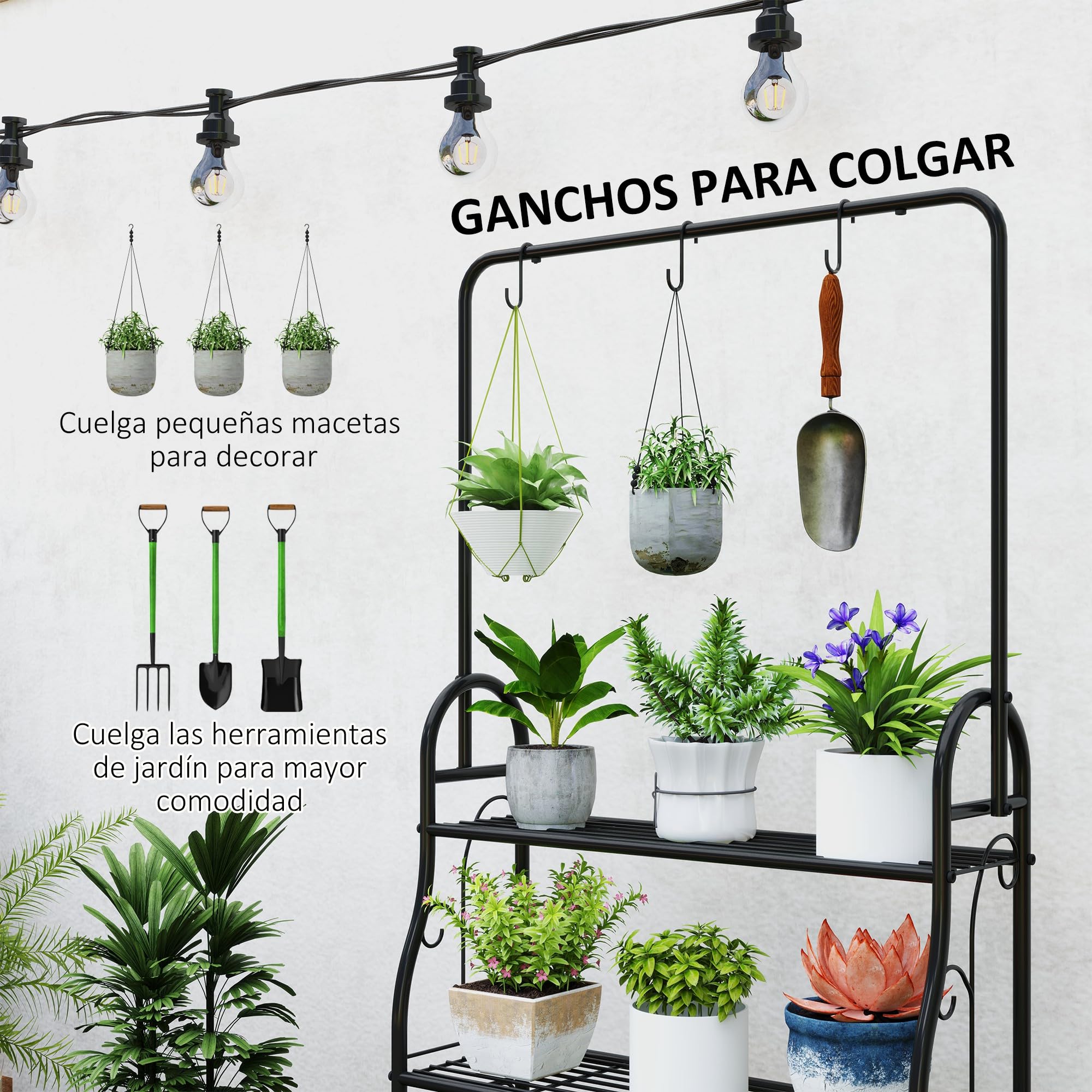 Outsunny Estantería para Plantas de 3 Niveles Soporte para Plantas con Ganchos de Metal Barra para Colgar Soporte para Macetas para Interior y Exterior Negro